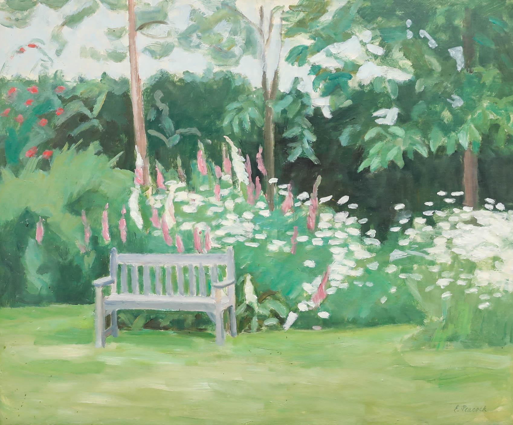 E. Peacock - Olio della metà del XX secolo, Un posto tranquillo tra i volpini - Painting di Unknown