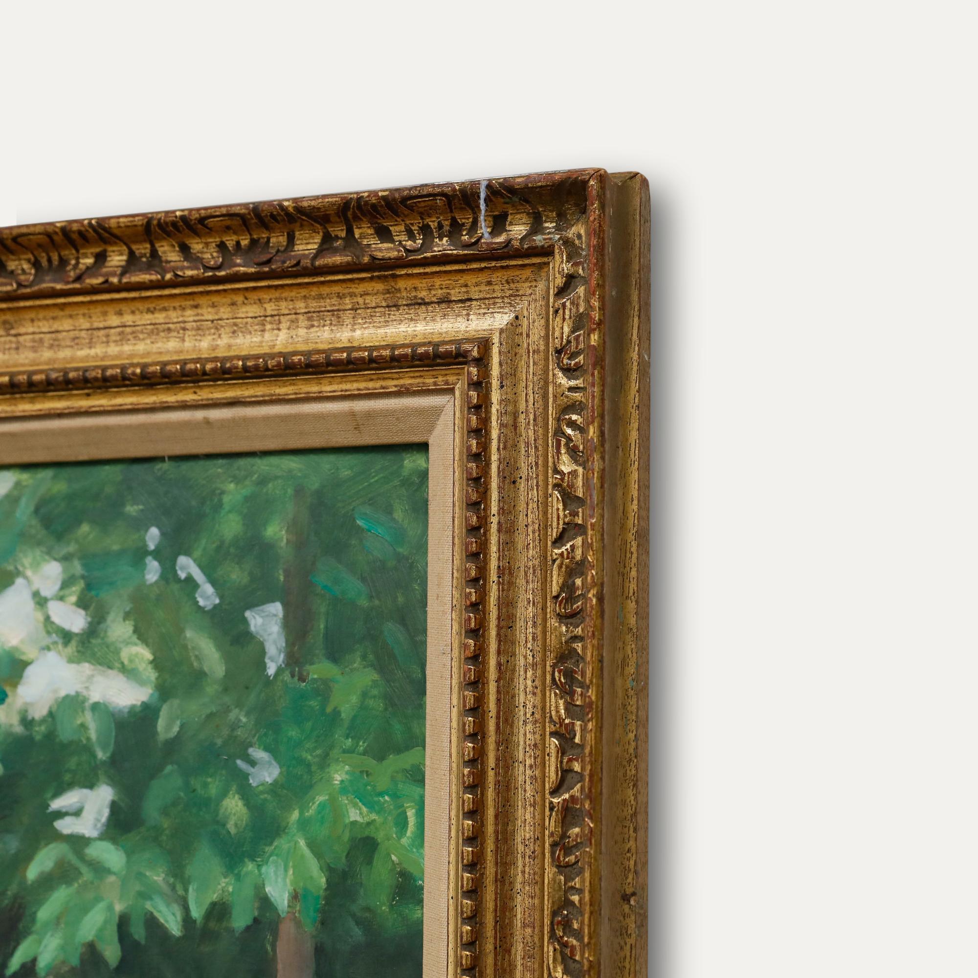 E. Peacock - Olio della metà del XX secolo, Un posto tranquillo tra i volpini in vendita 1