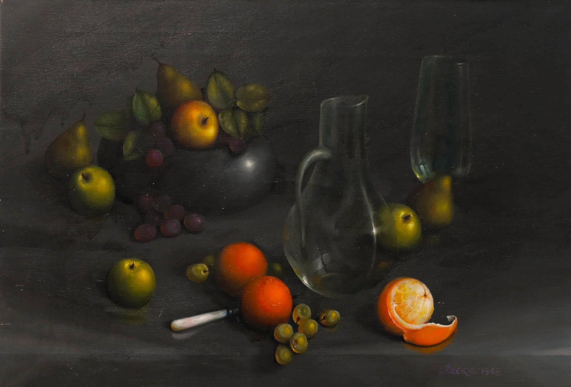 E. Reekie - 1968 Öl, Studie mit Zinn, Glas und Obst – Painting von Unknown