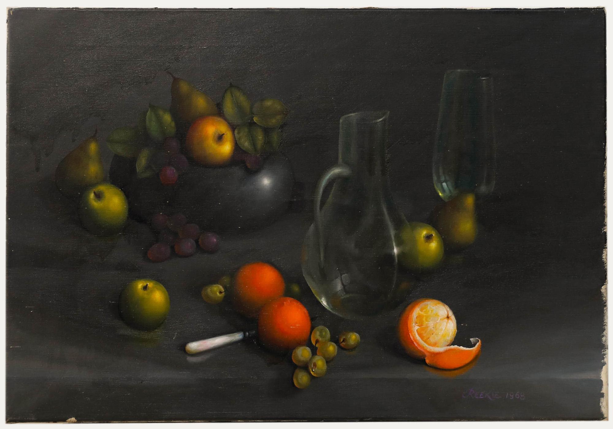 E. Reekie - 1968 Öl, Studie mit Zinn, Glas und Obst