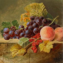 E. Stanfield - Óleo enmarcado de finales del siglo XIX, Bodegón de fruta en una cornisa