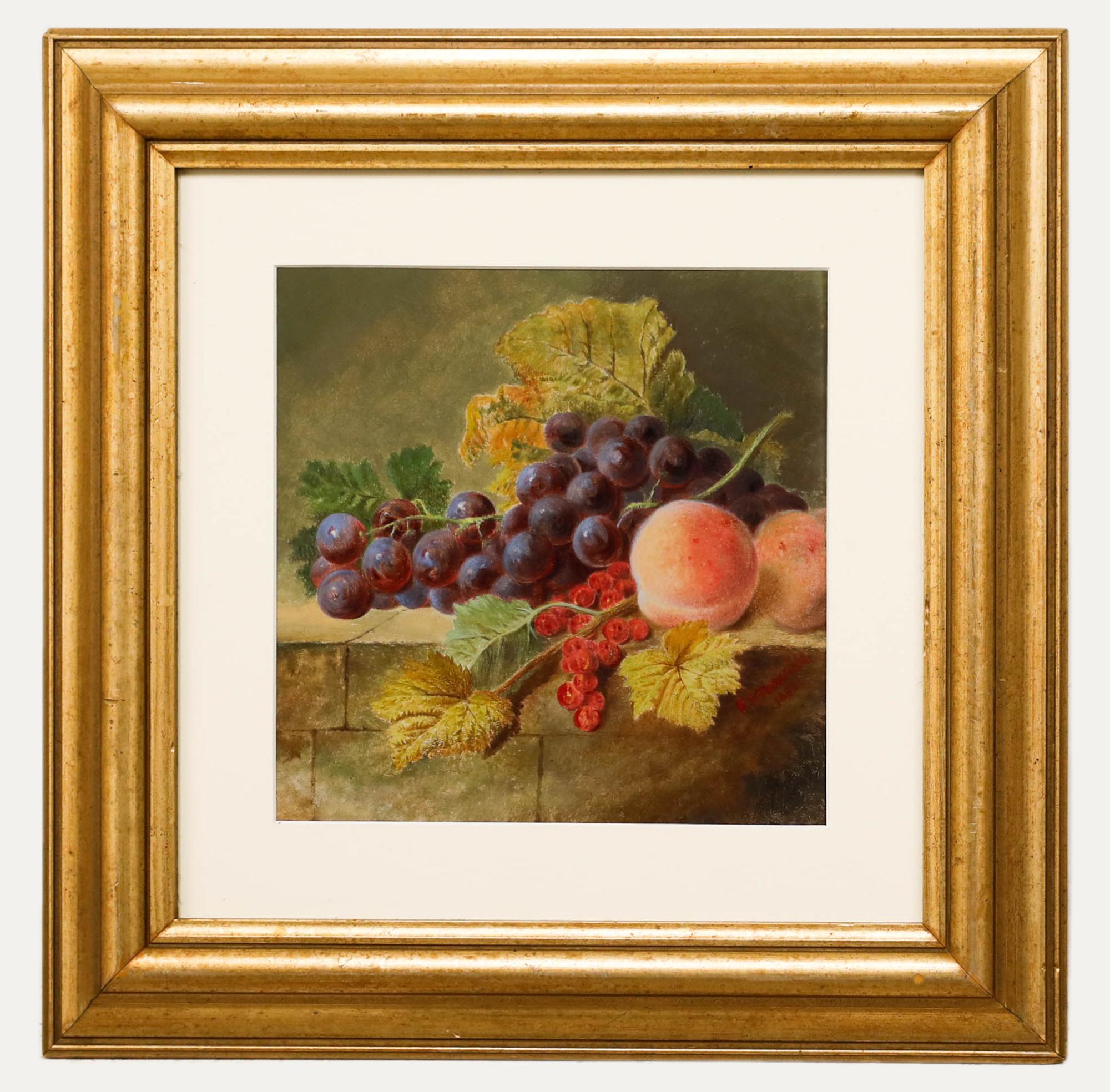 Still-Life Painting Unknown - E. Stanfield - Huile encadrée de la fin du 19e siècle, Nature morte de fruits sur un rebord