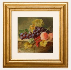 E. Stanfield - Óleo enmarcado de finales del siglo XIX, Bodegón de fruta en una cornisa