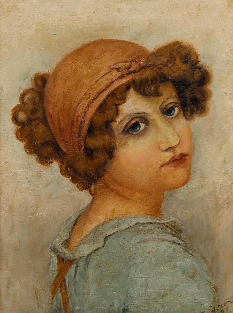 E. Watson - 1899 Oil, Girl in a Blue Dress - Painting by Unknown