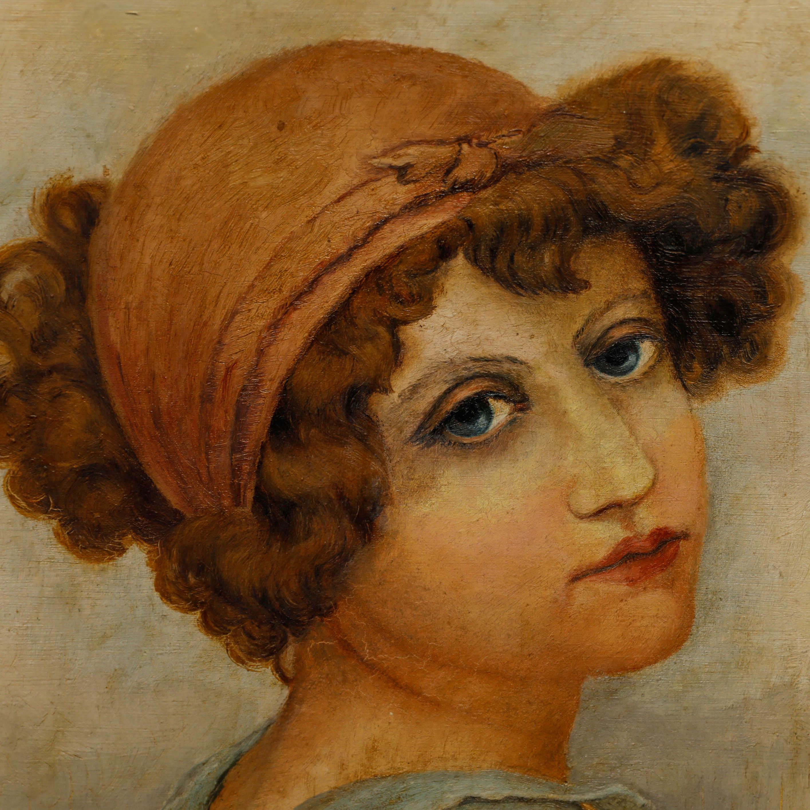 A charming head-and-shoulders portrait of a girl in a blue dress. Signed and dated in the lower right. Presented in a gilt frame with an egg-and-dart running pattern. On canvas.