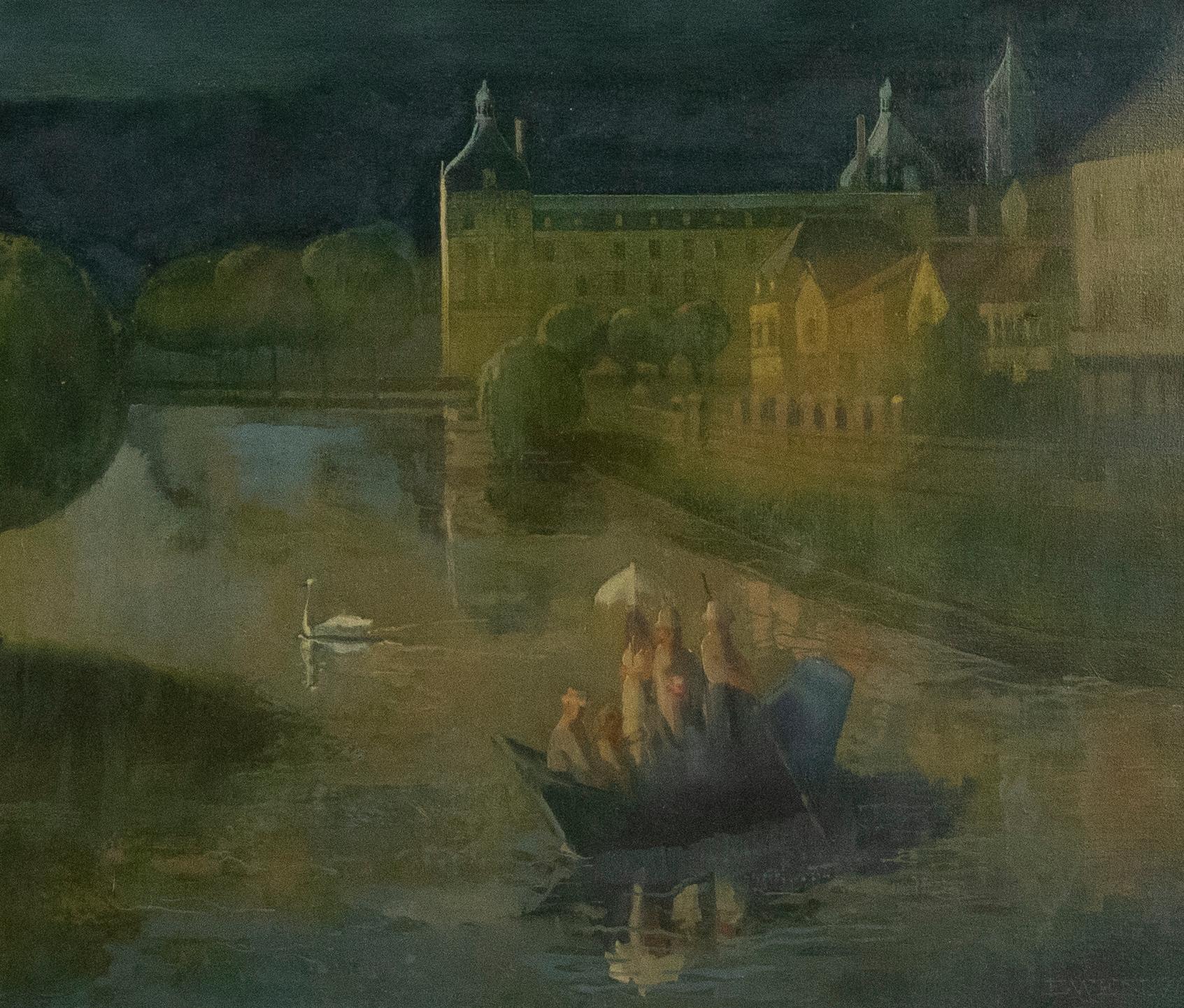 E. Wen - Framed Contemporary Oil, Boating at Twilight - Painting by Unknown