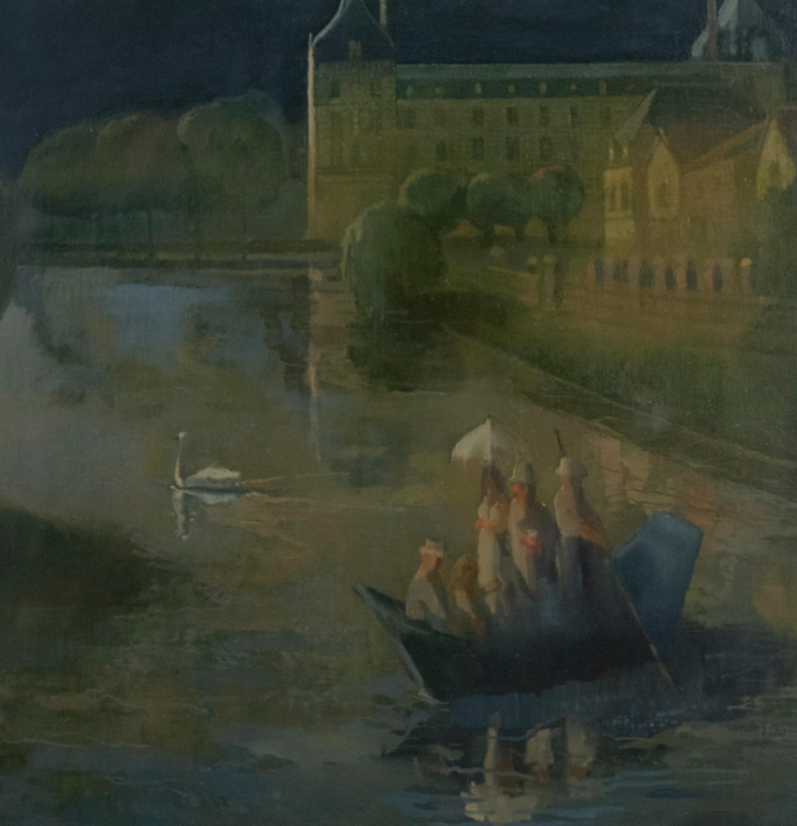 A atmospheric oil study with figure boating on a lake at twilight. Grand buildings line the embankment to the right of the scene in a haze of fog and soft moonlight. The composition has been signed by the artist to the lower right. Well-presented in