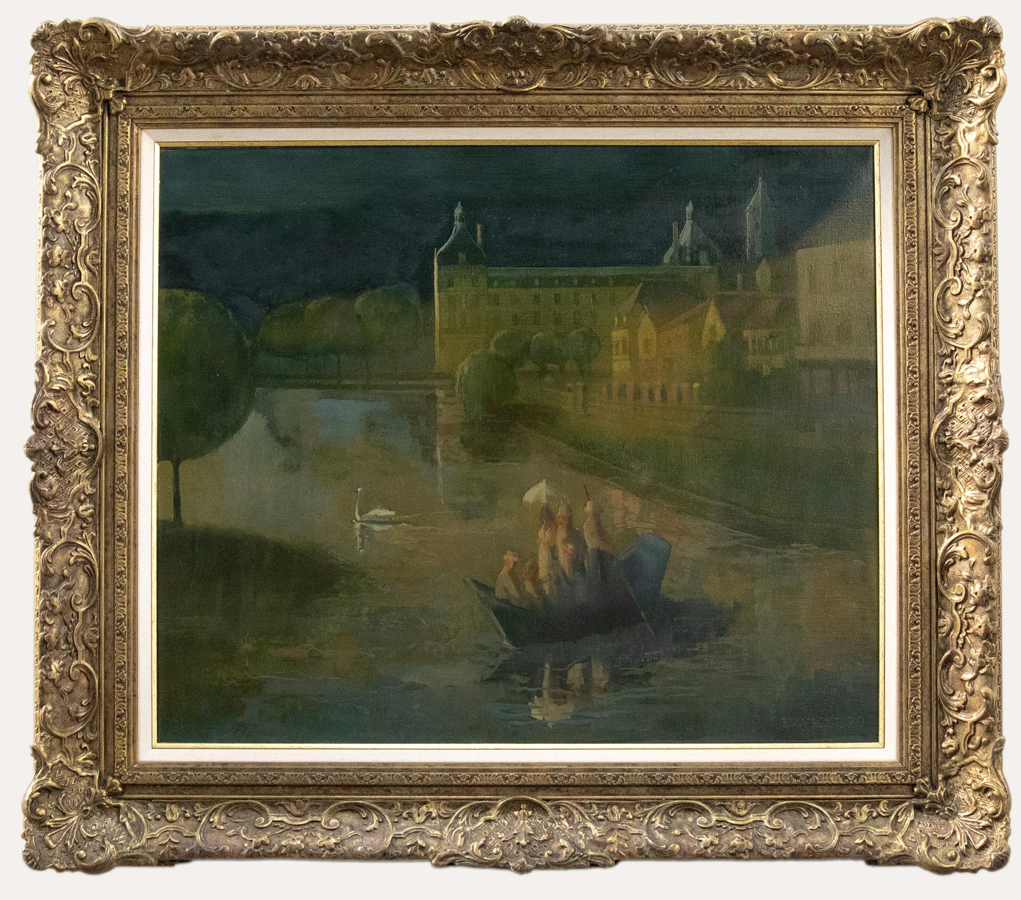 Landscape Painting Unknown - E. Wen - Huile contemporaine encadrée, Bateau au crépuscule