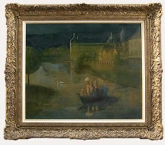 E. Wen - Huile contemporaine encadrée, Bateau au crépuscule