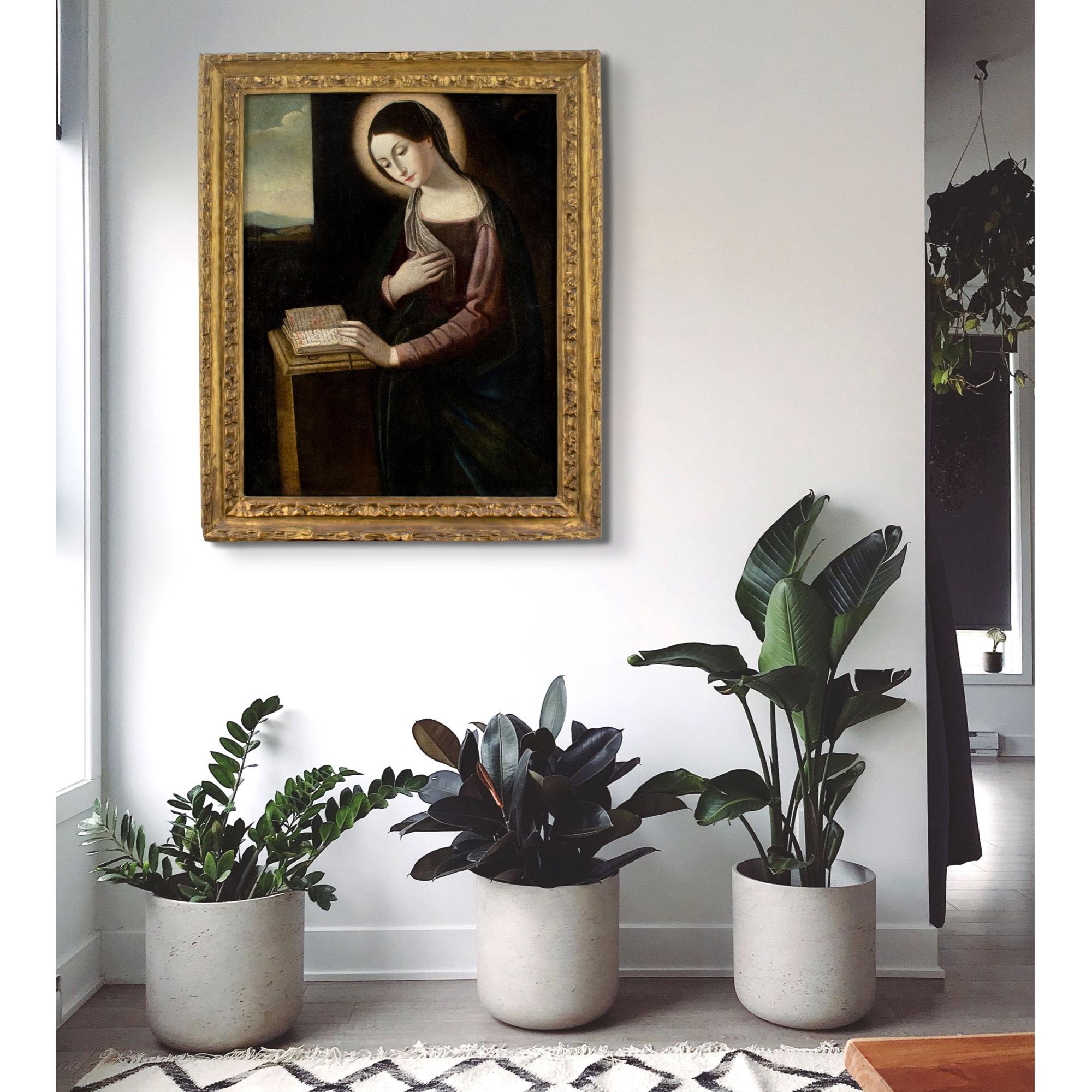This exquisite early 17th-century Italian oil painting, which probably originated in Bologna, Italy, depicts the Madonna reading. It’s stylistically reminiscent of works by Lorenzo Costa (1460-1535).

The subtle nuances of delicate porcelain skin