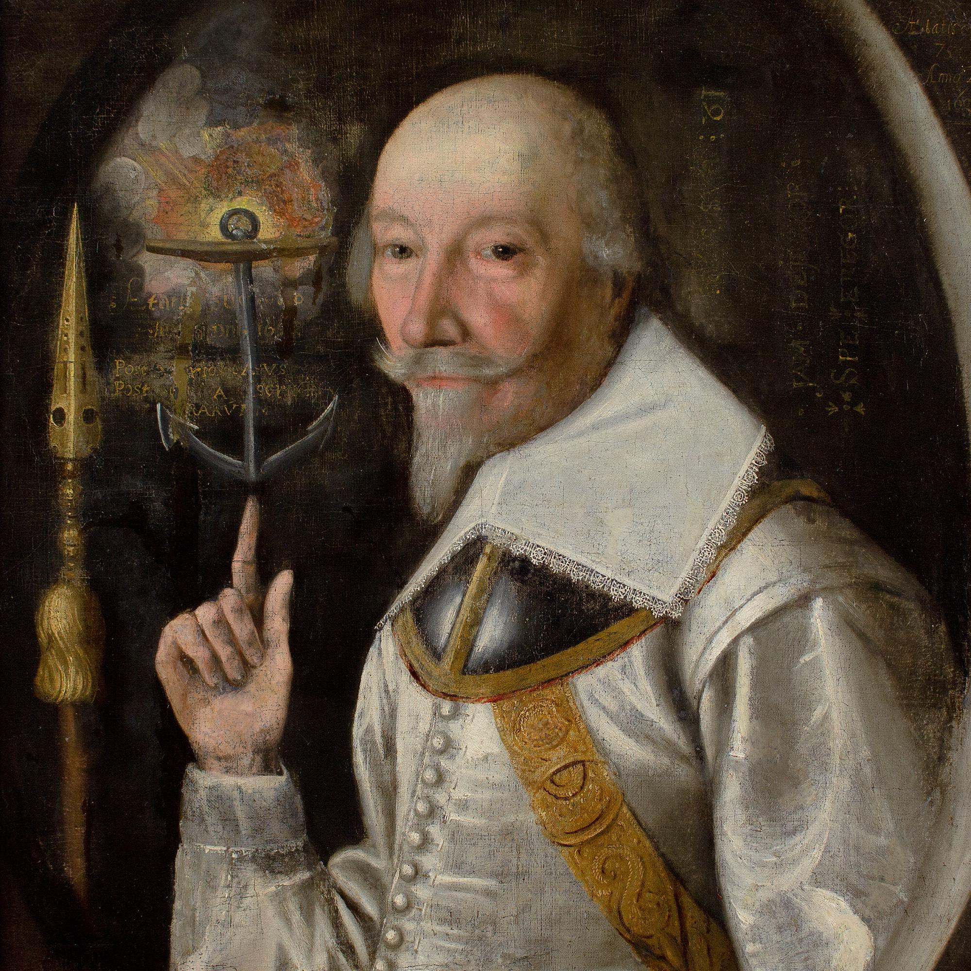 Ce portrait en pied du début du XVIIe siècle, qui porte de nombreuses inscriptions, représente un officier vêtu d'un doublet de soie et d'un gorgeron, présenté dans un ovale feint. Il se tient à côté d'une ancre et d'une Lande de cérémonie, en