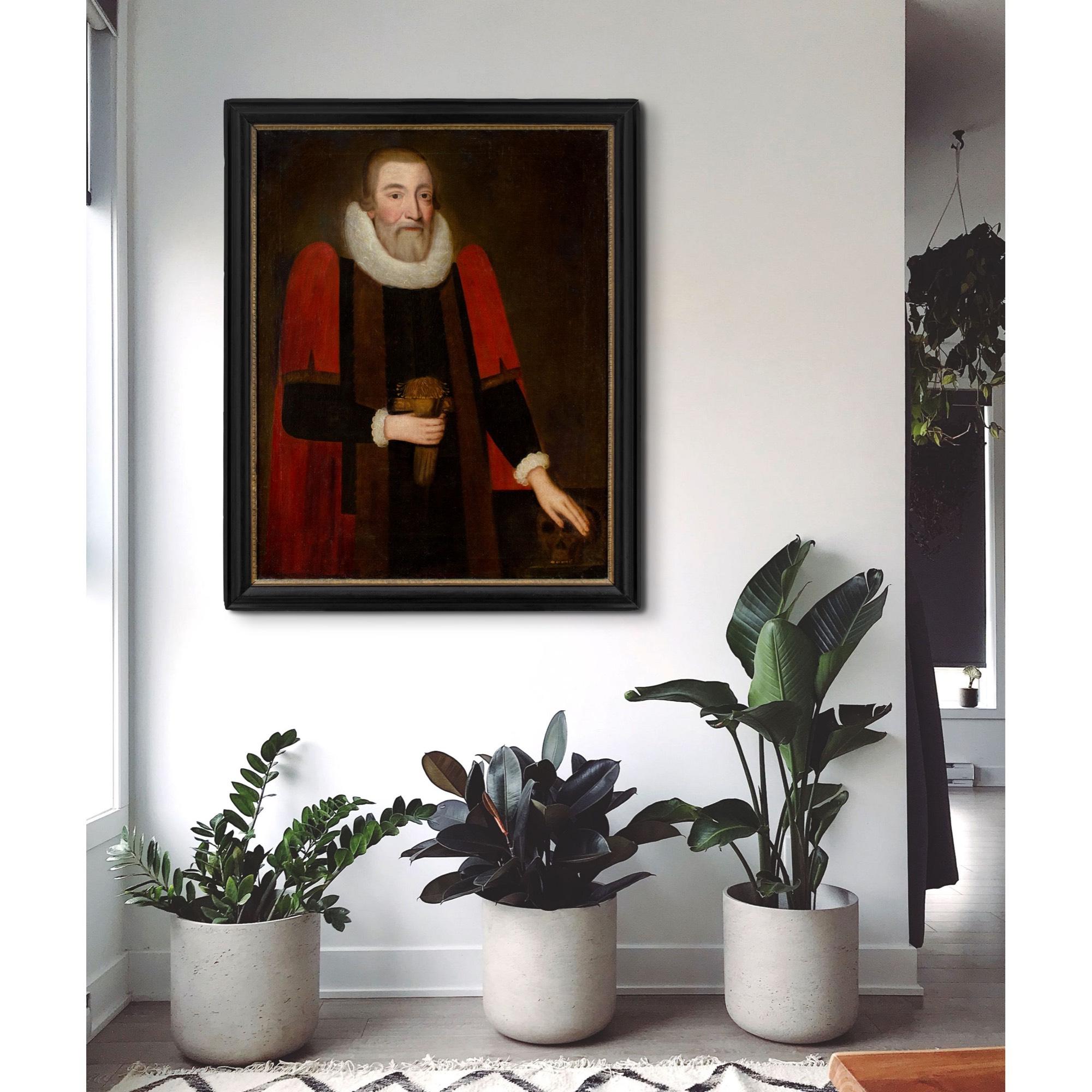 Portrait d'I Hill et gants d'origine de l'English School du début du XVIIe siècle - Noir Figurative Painting par Unknown