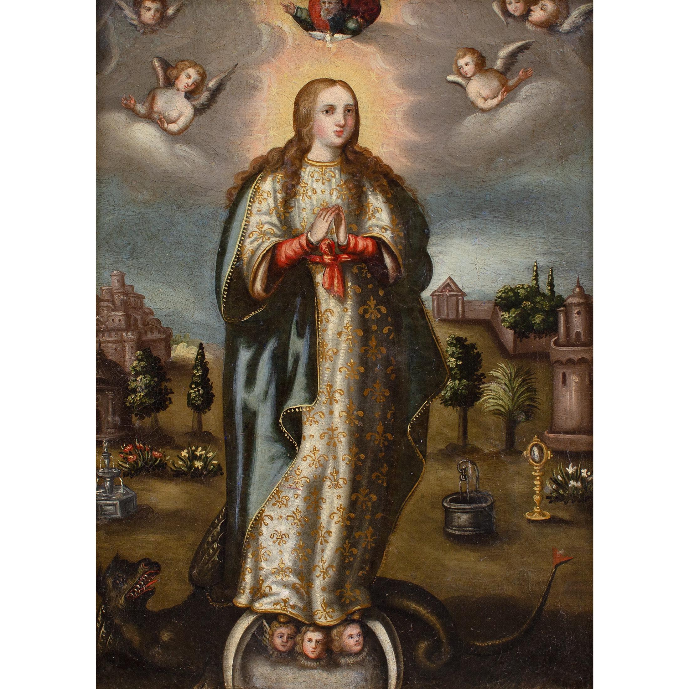 Frühe spanische Kolonialschule aus dem 17. Jahrhundert, Jungfrau von der Unbefleckten Empfängnis – Painting von Unknown