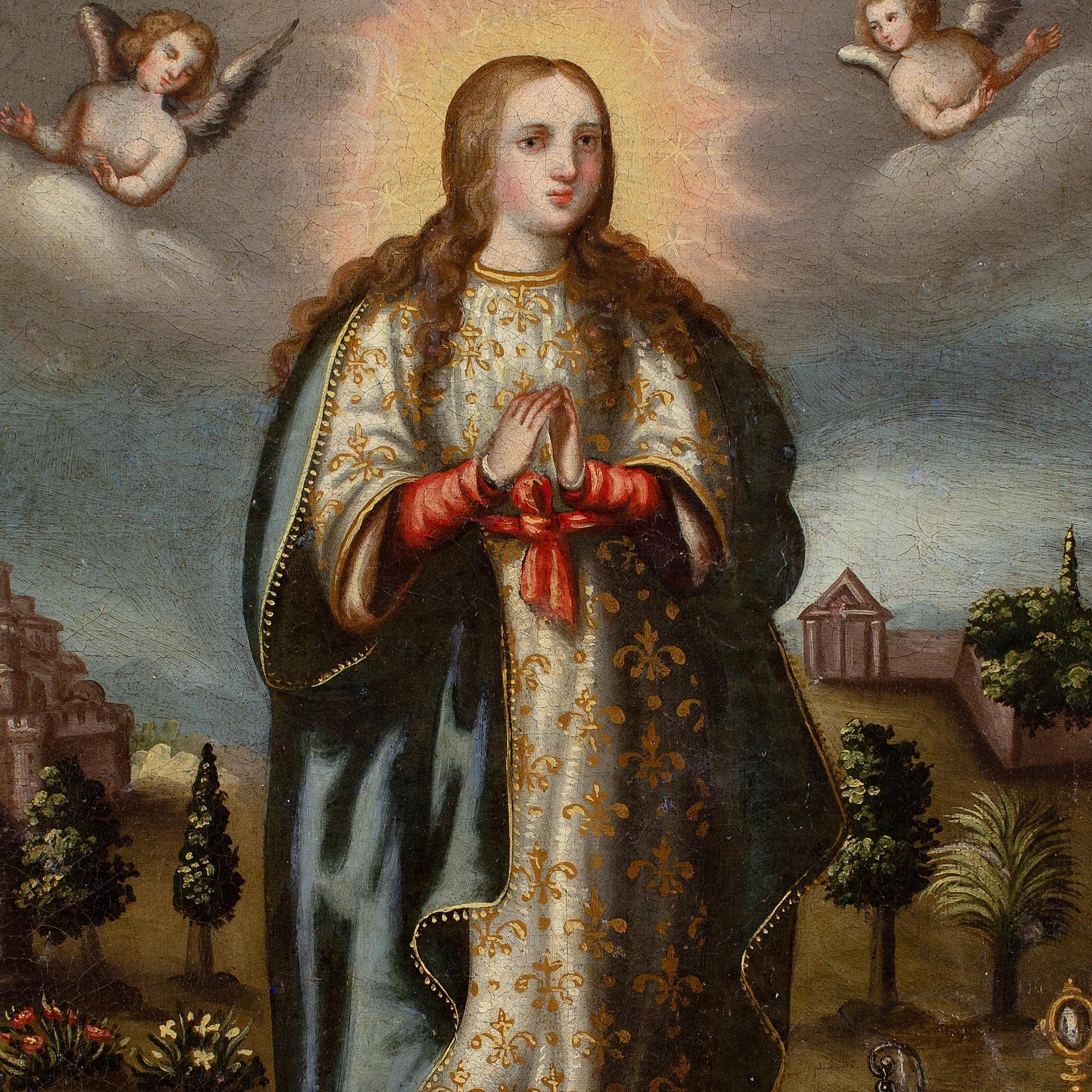 Frühe spanische Kolonialschule aus dem 17. Jahrhundert, Jungfrau von der Unbefleckten Empfängnis im Angebot 1