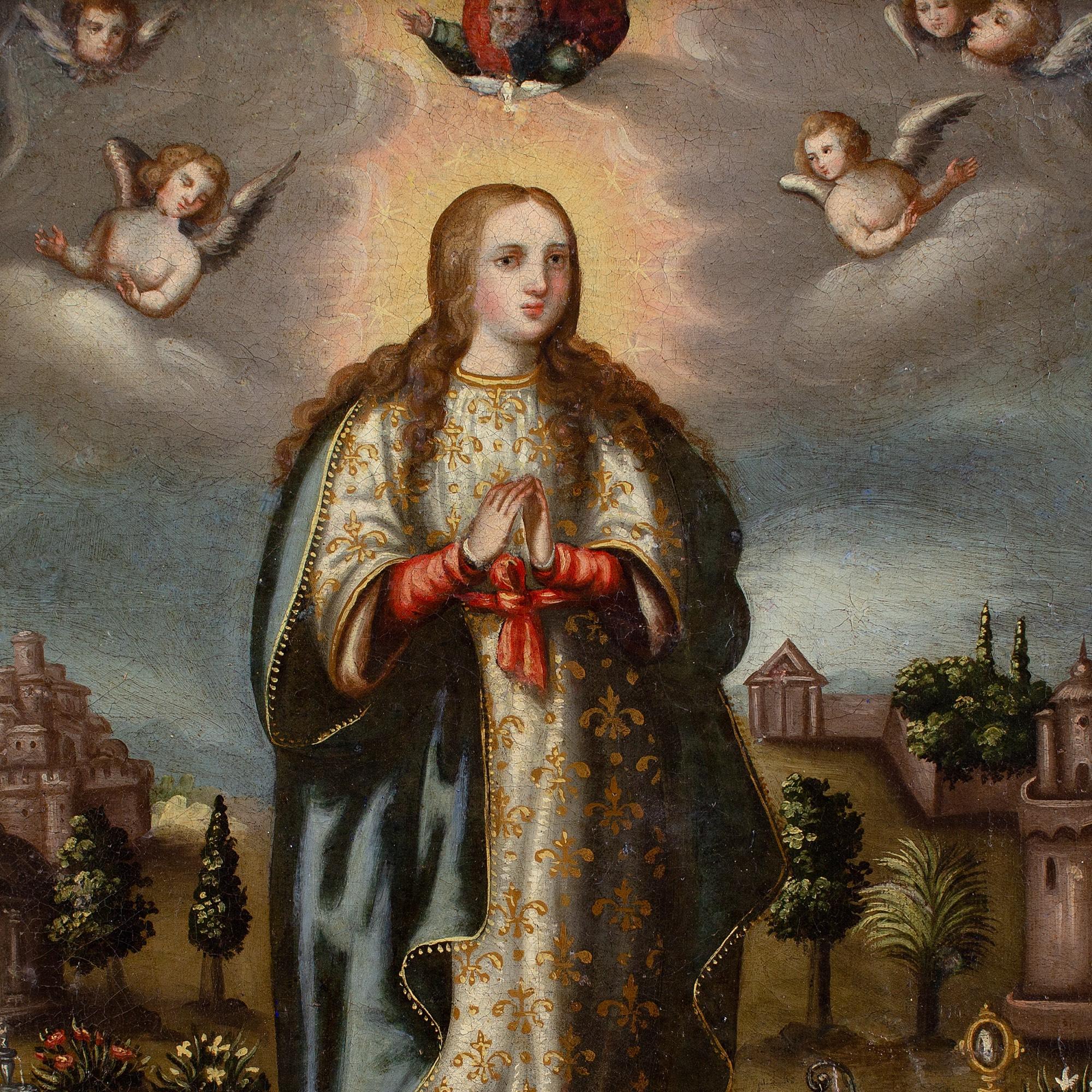 Frühe spanische Kolonialschule aus dem 17. Jahrhundert, Jungfrau von der Unbefleckten Empfängnis im Angebot 3