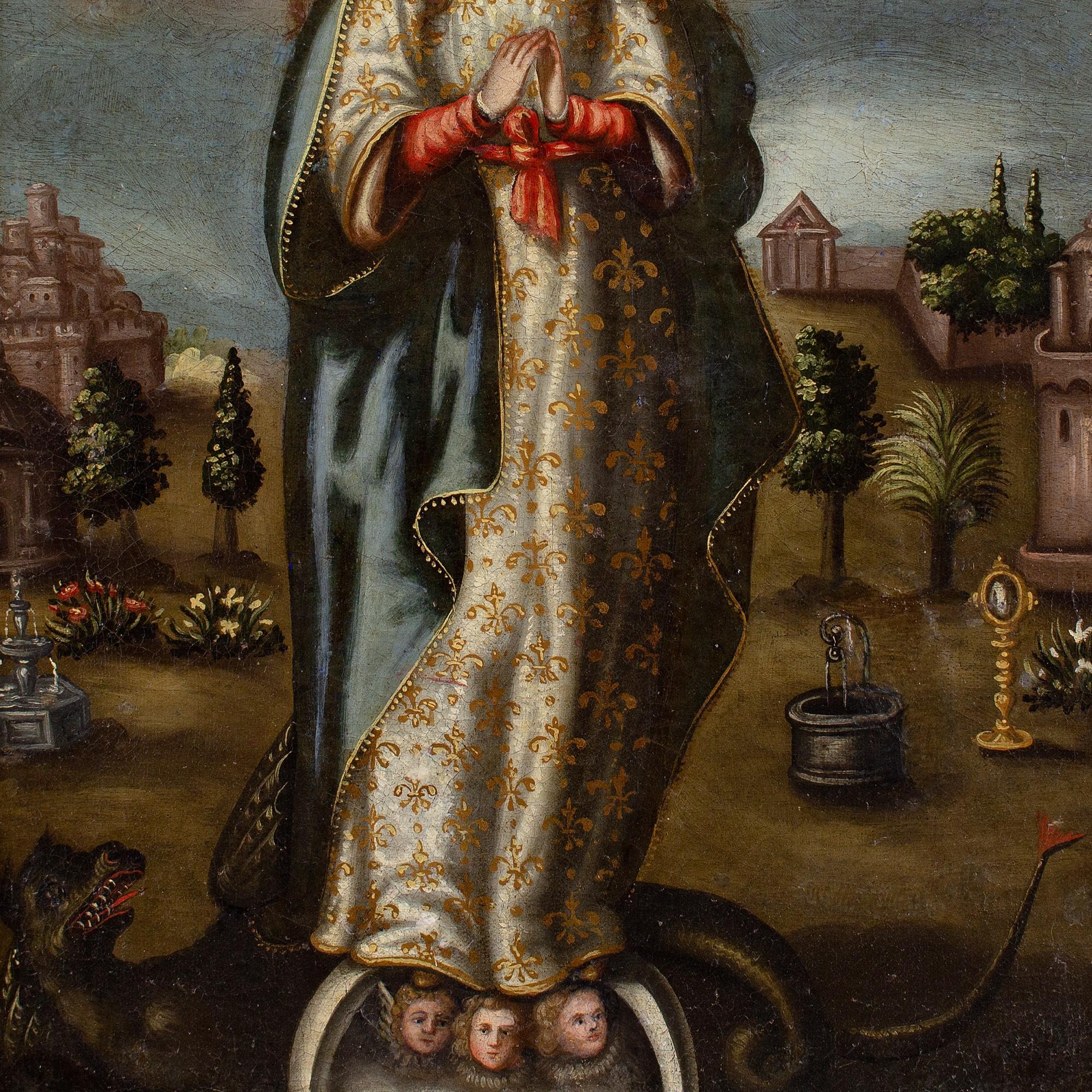 Frühe spanische Kolonialschule aus dem 17. Jahrhundert, Jungfrau von der Unbefleckten Empfängnis im Angebot 4