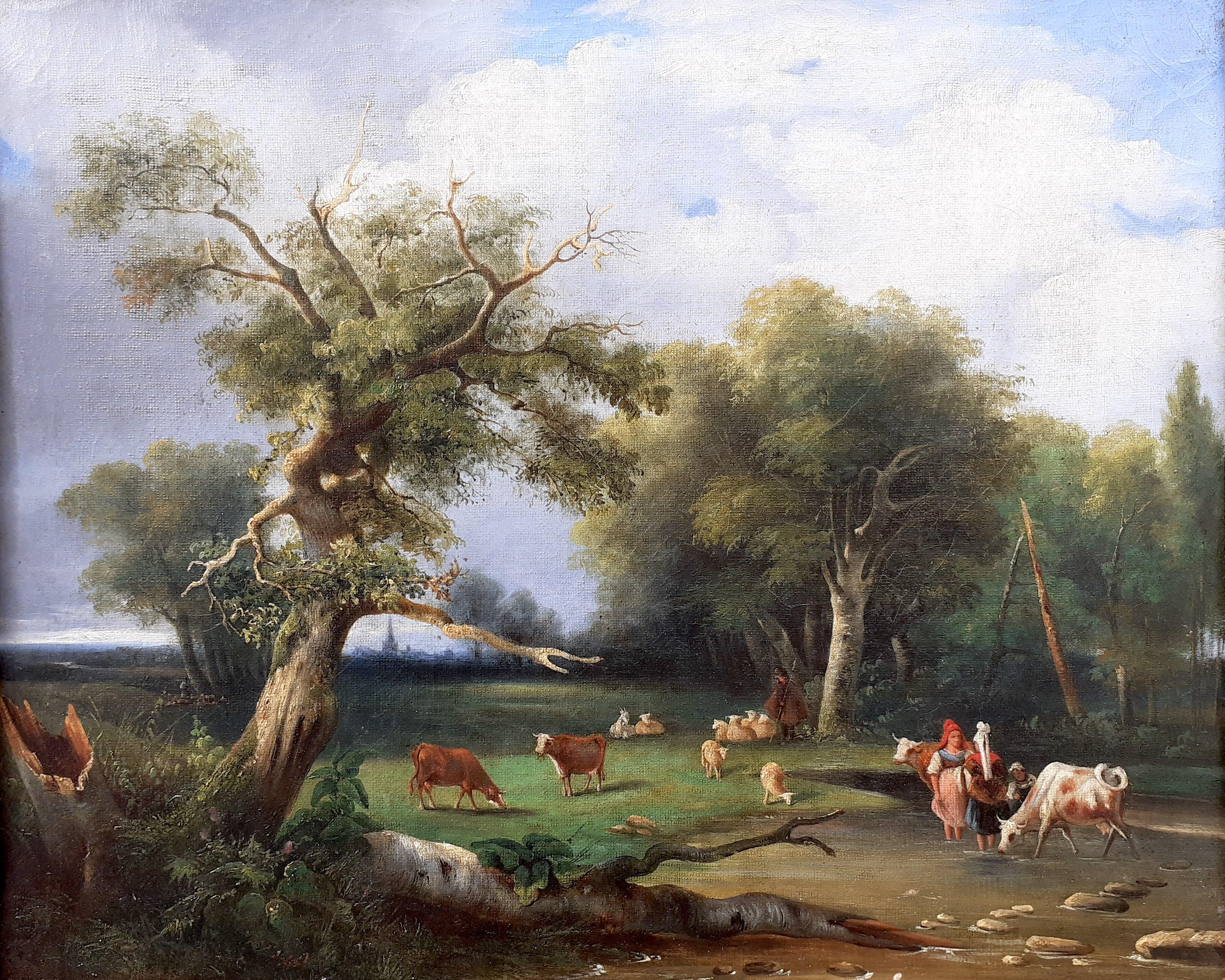early 1800s ideal Arcadian landscape with figures, trees, animals oil painting - Painting by Unknown