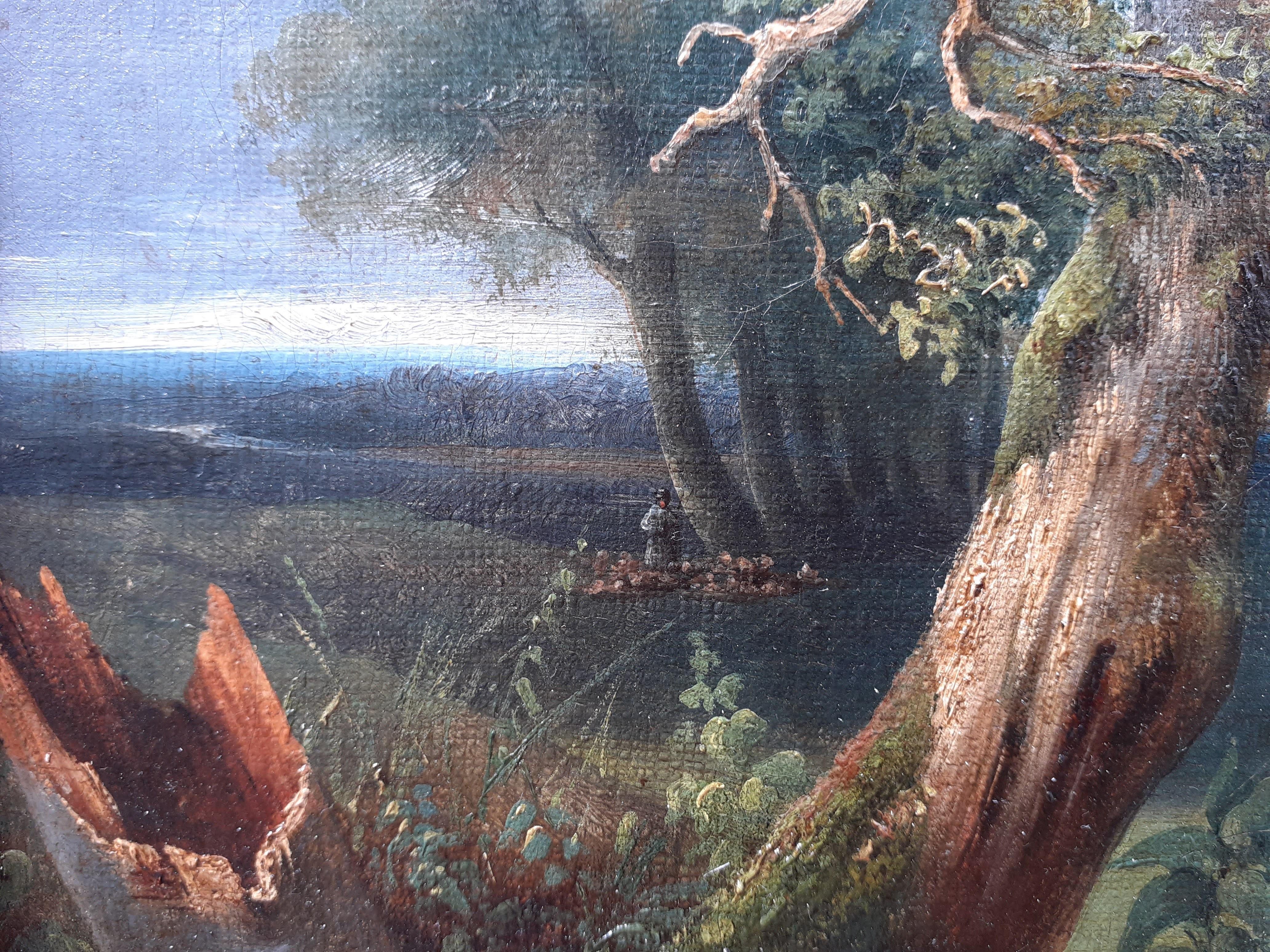 early 1800s ideal Arcadian landscape with figures, trees, animals oil painting - Brown Figurative Painting by Unknown