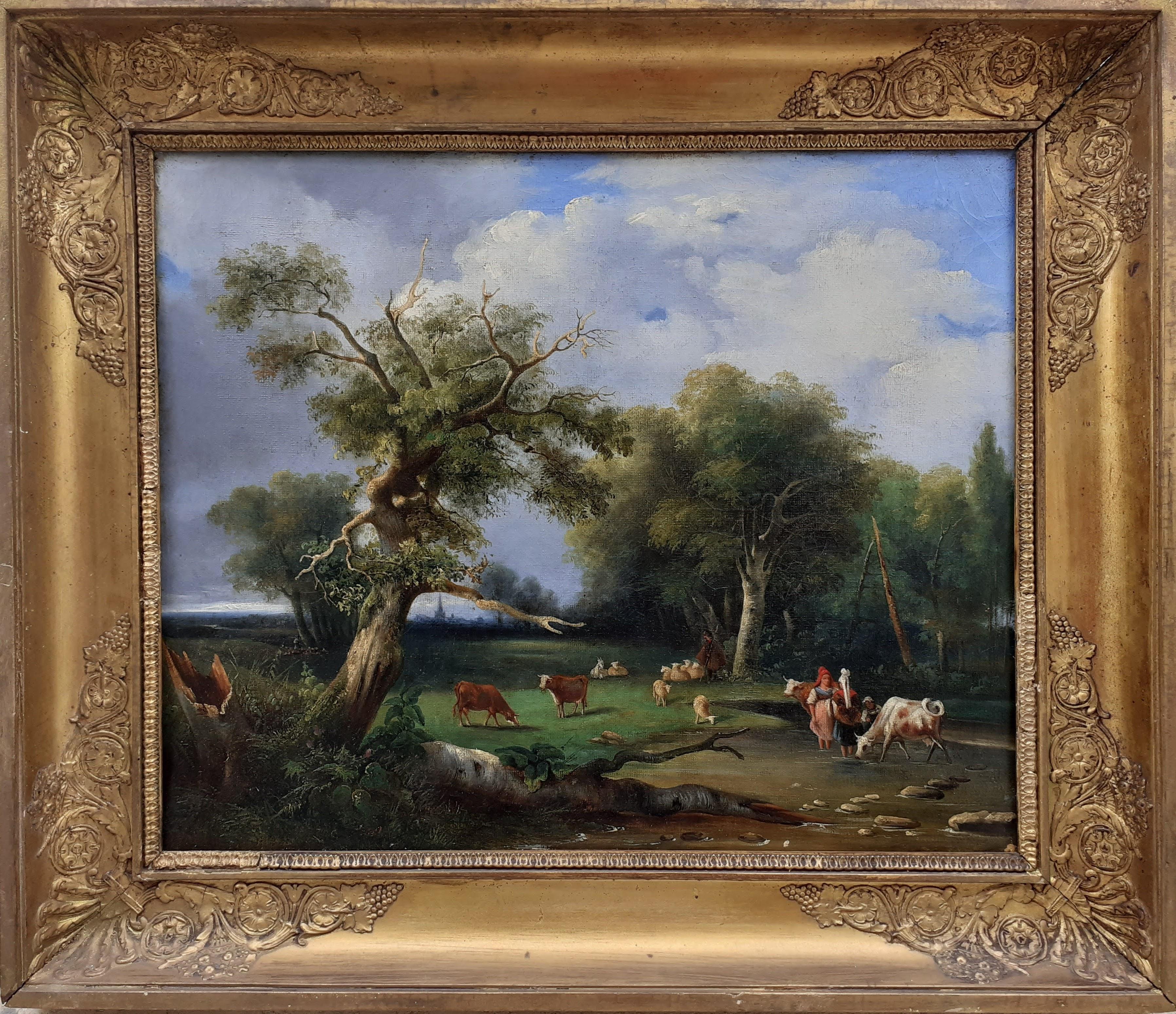 early 1800s ideal Arcadian landscape with figures, trees, animals oil painting 3
