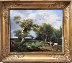 early 1800s ideal Arcadian landscape with figures, trees, animals oil painting