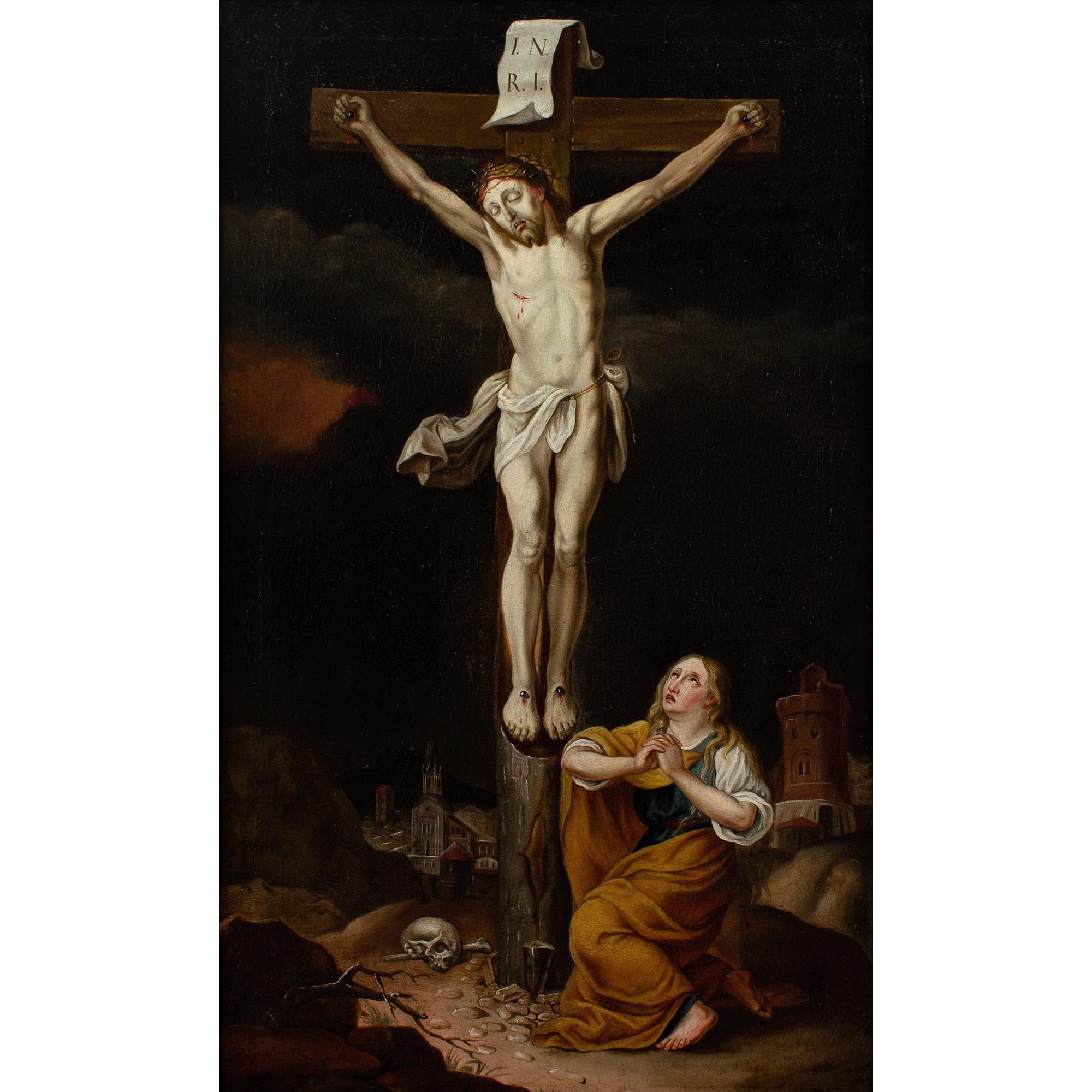Escuela flamenca de principios del siglo XVIII, Cristo en la cruz con María Magdalena - Painting de Unknown