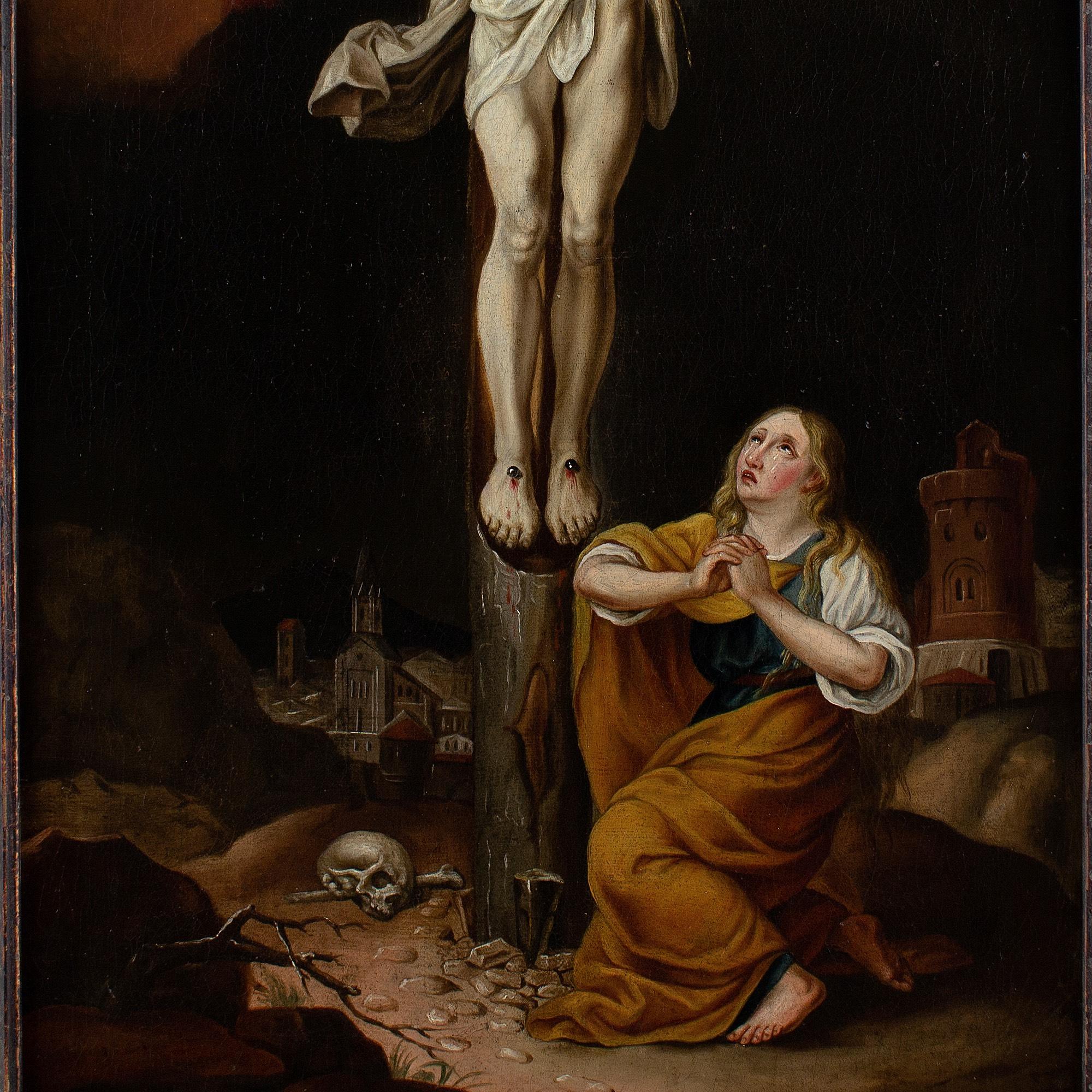 Escuela flamenca de principios del siglo XVIII, Cristo en la cruz con María Magdalena en venta 3