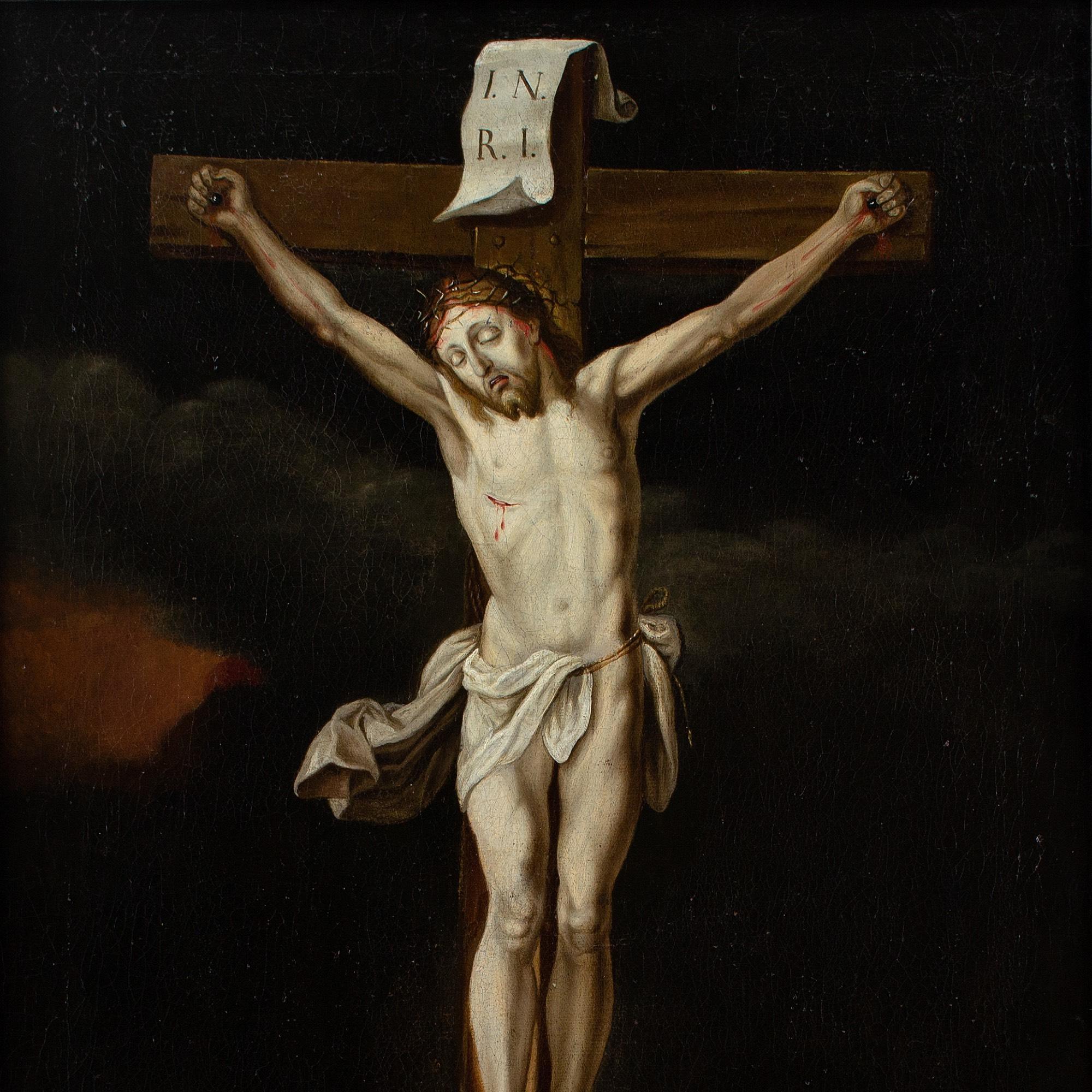 Escuela flamenca de principios del siglo XVIII, Cristo en la cruz con María Magdalena en venta 4