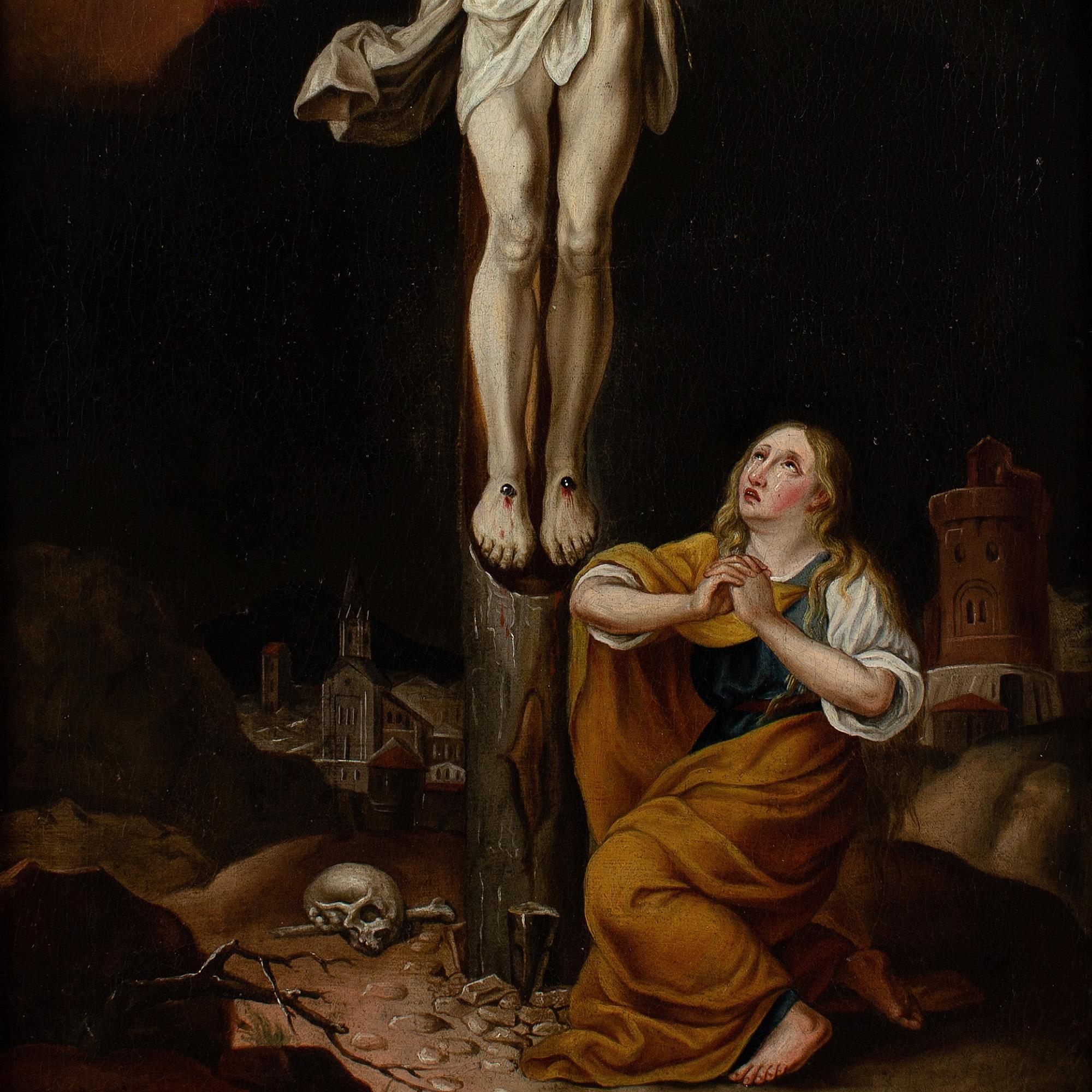 Escuela flamenca de principios del siglo XVIII, Cristo en la cruz con María Magdalena en venta 5
