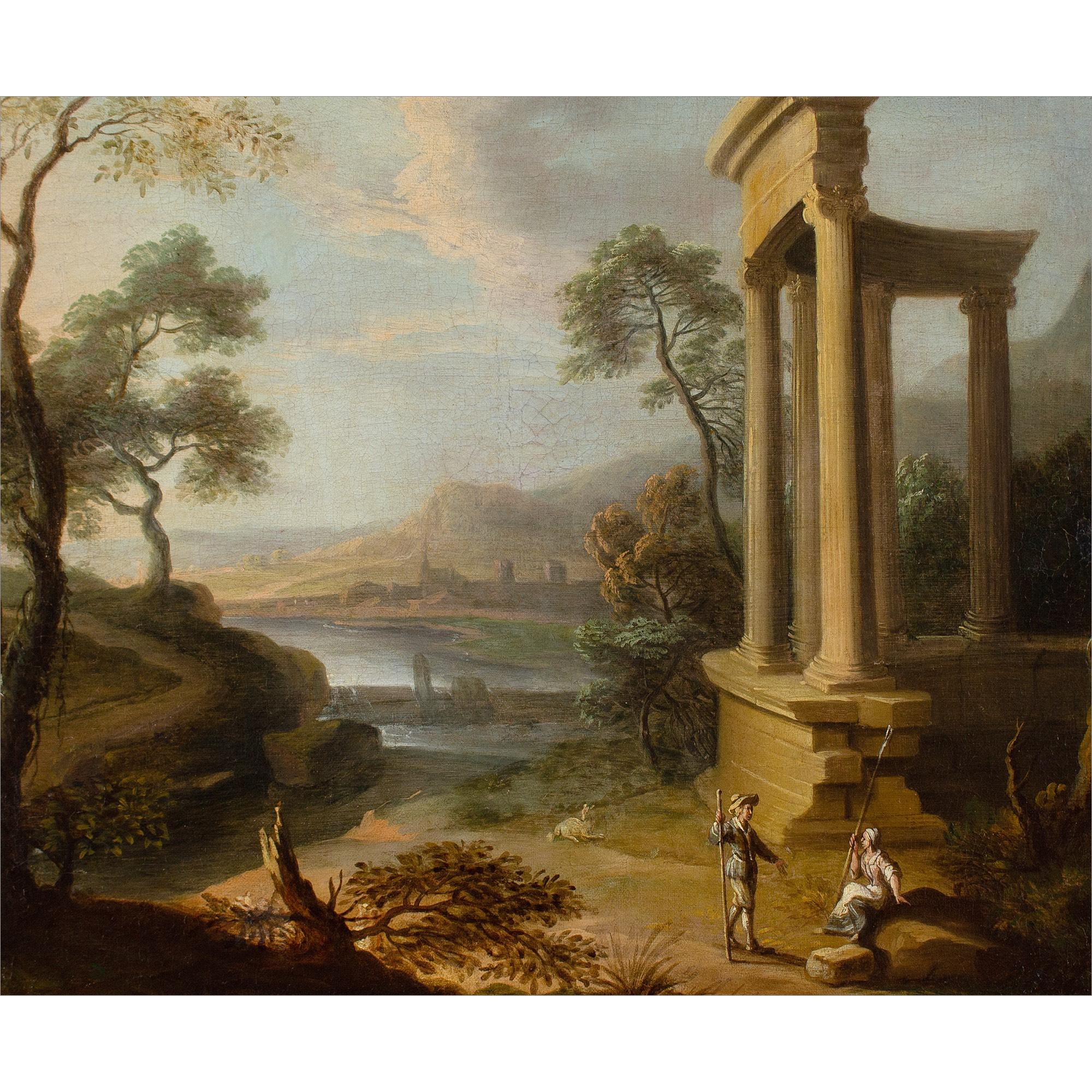 Early 18th-Century French School, Classical Landscape With Ruins & Figures - Painting by Unknown