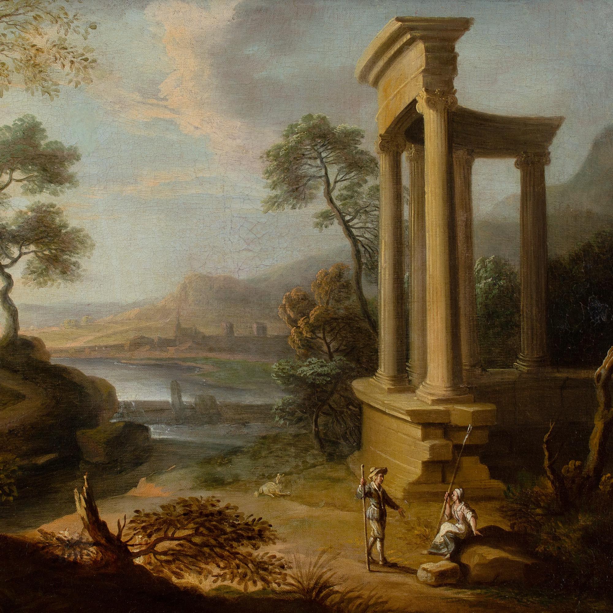 This splendid early 18th-century classical landscape painting depicts an idyllic coastal view with architectural ruins and figures.

Inspired by the romanticised visions of Claude Lorrain (1600-1682), this enchanting survivor transports the viewer
