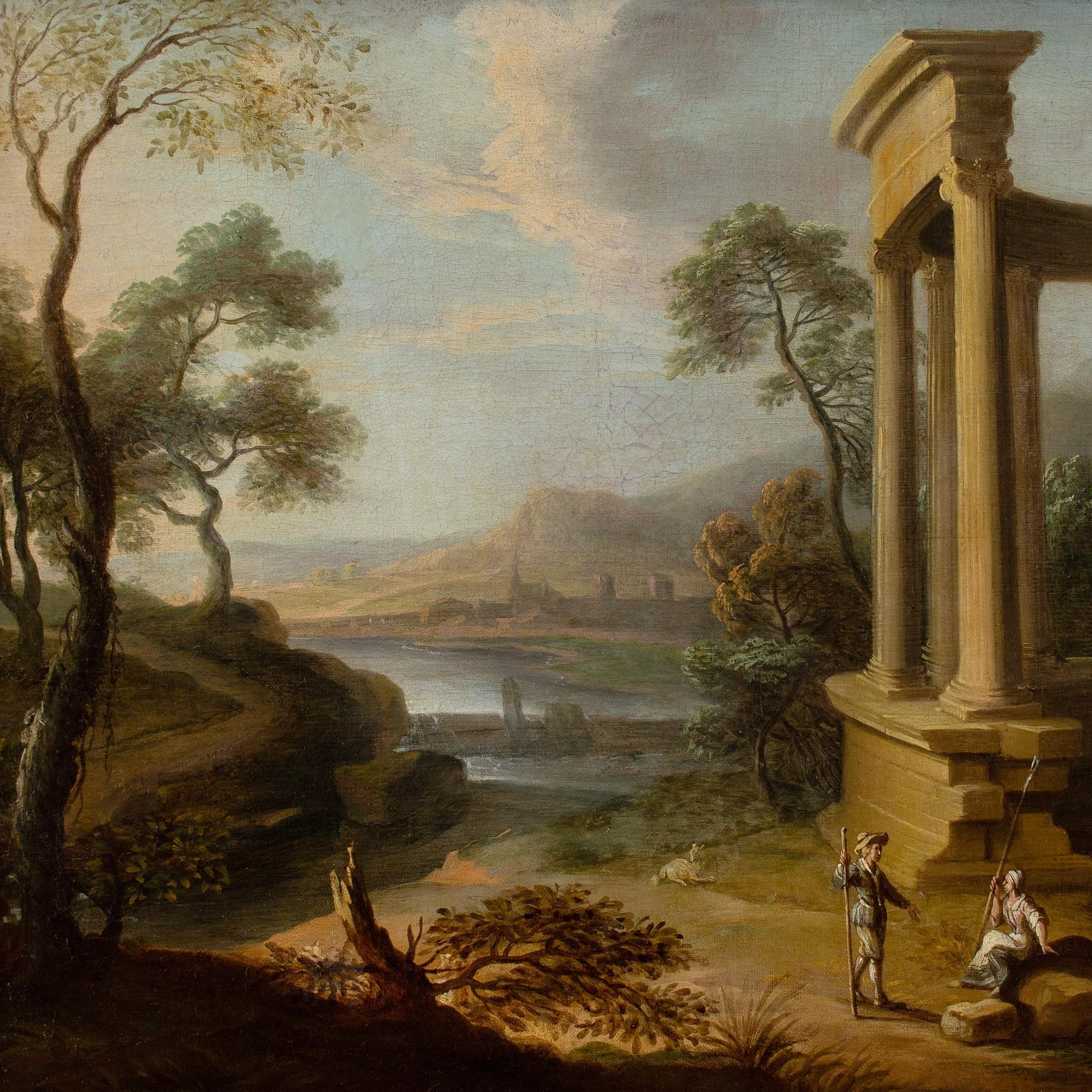 Early 18th-Century French School, Classical Landscape With Ruins & Figures For Sale 1