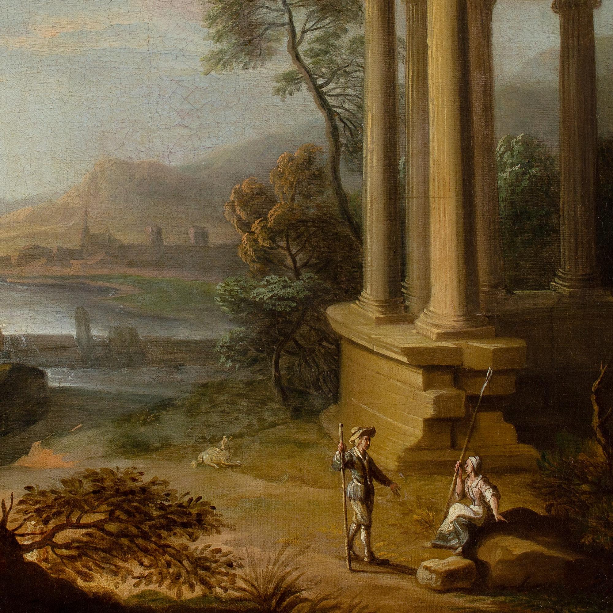 Early 18th-Century French School, Classical Landscape With Ruins & Figures For Sale 2