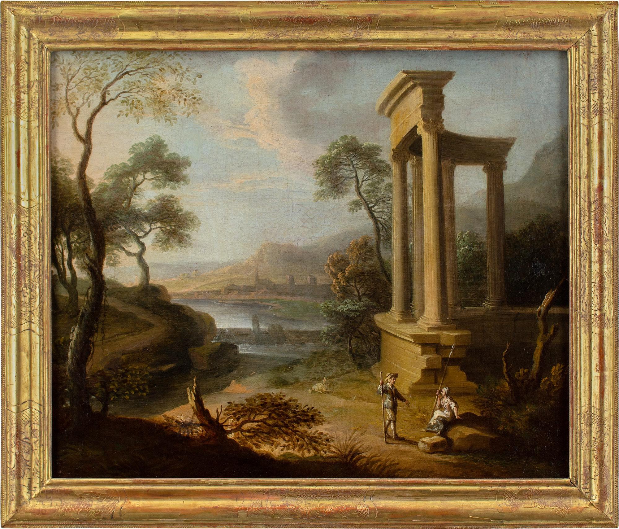Unknown Landscape Painting - Early 18th-Century French School, Classical Landscape With Ruins & Figures