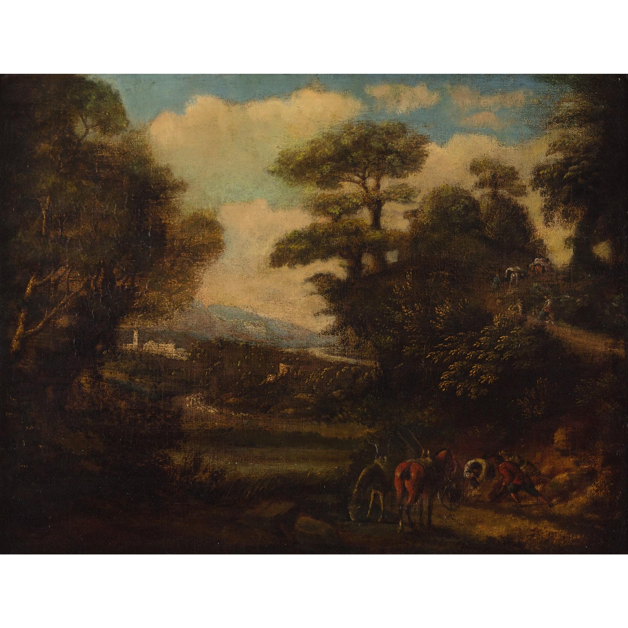 Paysage idéalisé à l'italienne du début du 18e siècle avec personnages et bétail - Painting de Unknown