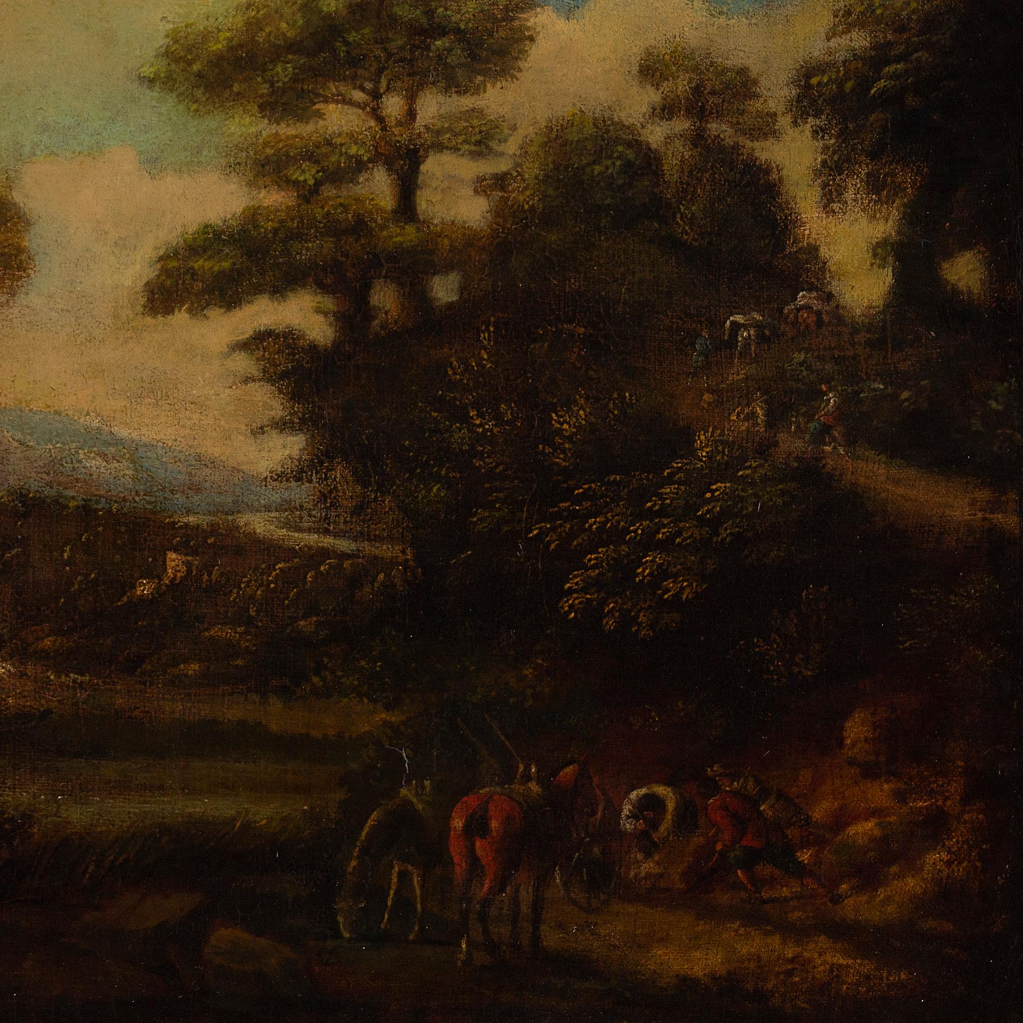 Paysage idéalisé à l'italienne du début du 18e siècle avec personnages et bétail - École italienne Painting par Unknown
