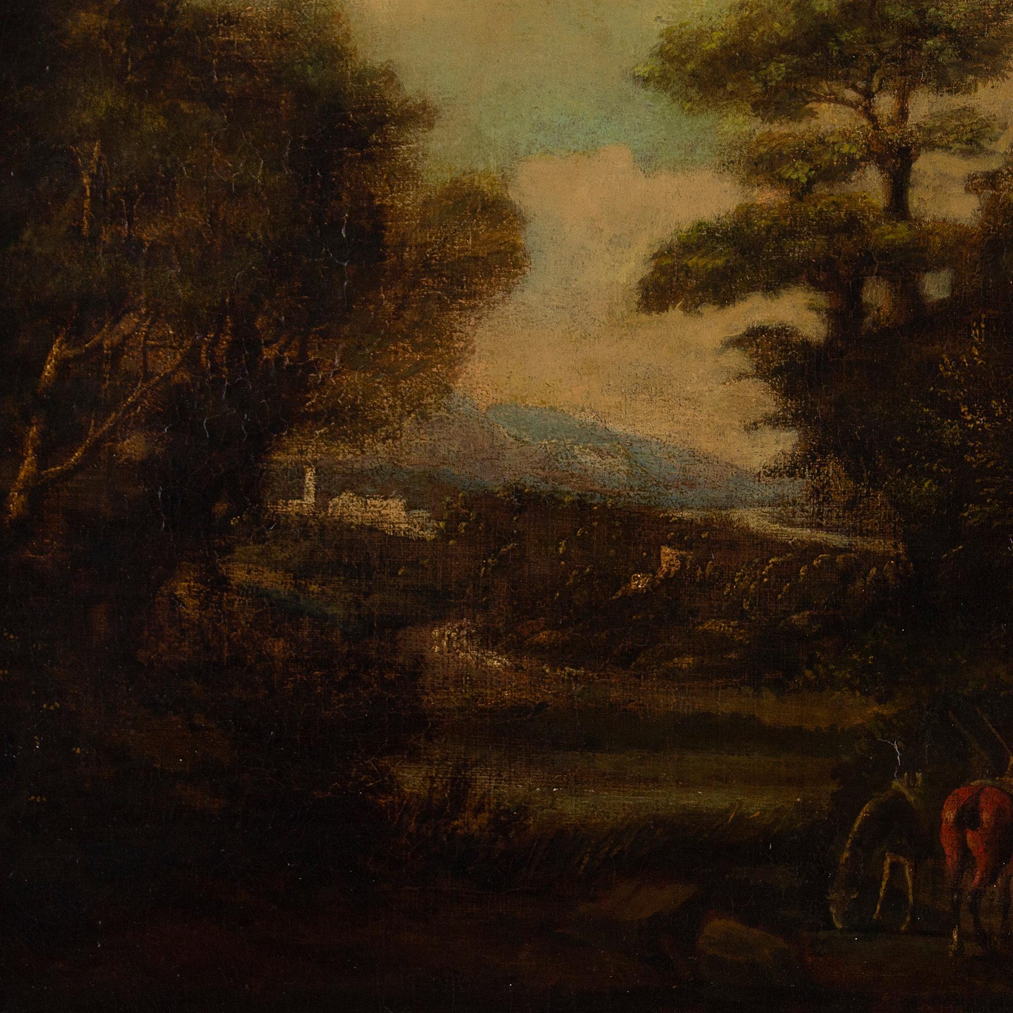 Dieses attraktive Ölgemälde aus dem frühen 18. Jahrhundert zeigt mehrere Figuren mit Pferden vor einer idealisierten ländlichen Landschaft mit einem entfernten Dorf.

Die Künstlerin hat sich von den imaginären Landschaften der französischen
