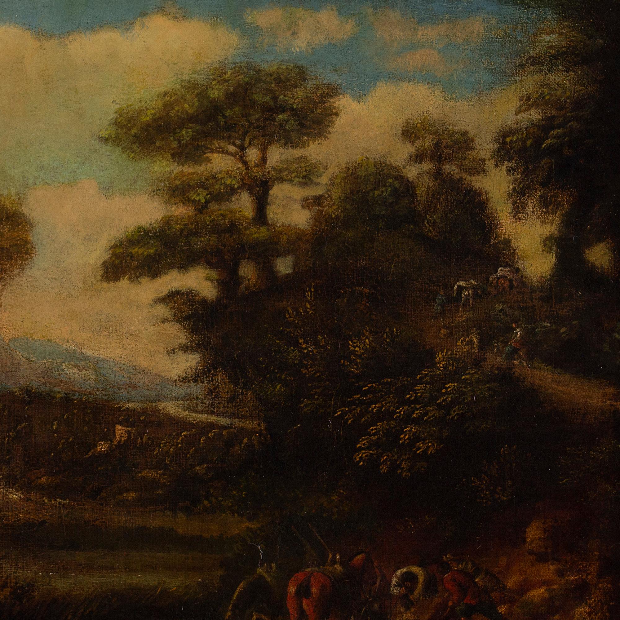 This attractive early 18th-century oil on canvas depicts several figures with horses before an idealised rural landscape with distant village.

The artist has drawn inspiration from the imagined landscapes of French baroque painters, particularly