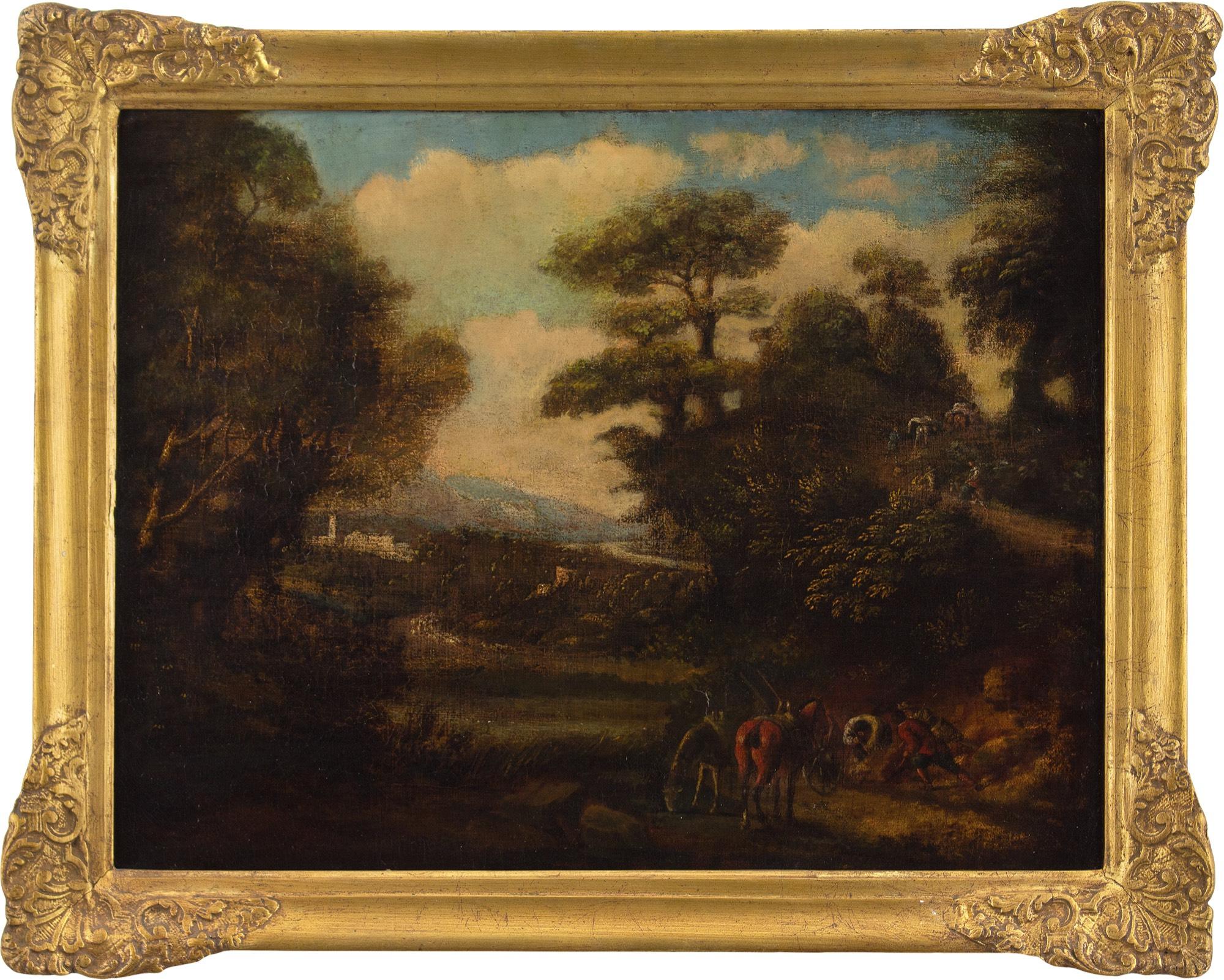 Paysage idéalisé à l'italienne du début du 18e siècle avec personnages et bétail