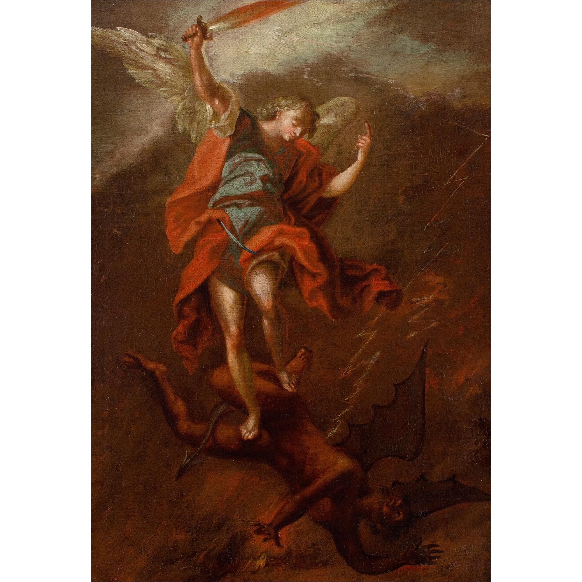 Early 18th-Century Neapolitan School, Archangel Michael Vanquishing The Devil - Painting by Unknown