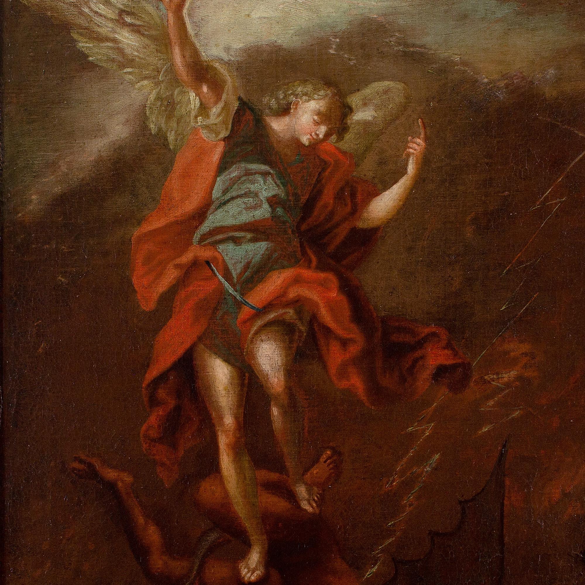 This drama-filled early 18th-century Italian oil painting depicts the Archangel Michael defeating Satan. With flaming sword aloft, he sends the demon tumbling into the burning abyss, while raising an index finger to heaven, to which he will