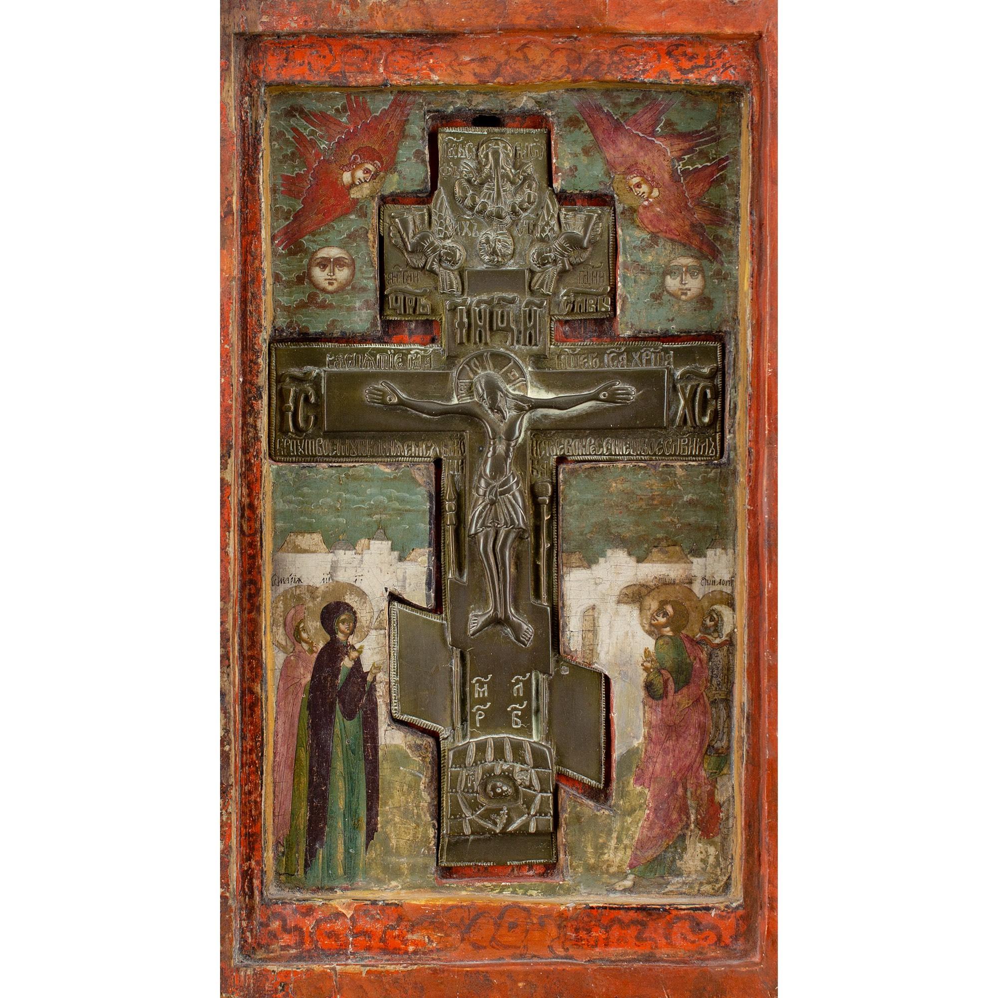Early 18th-Century Russian Icon, Volga Masters (Circle), The Crucifixion - Painting by Unknown