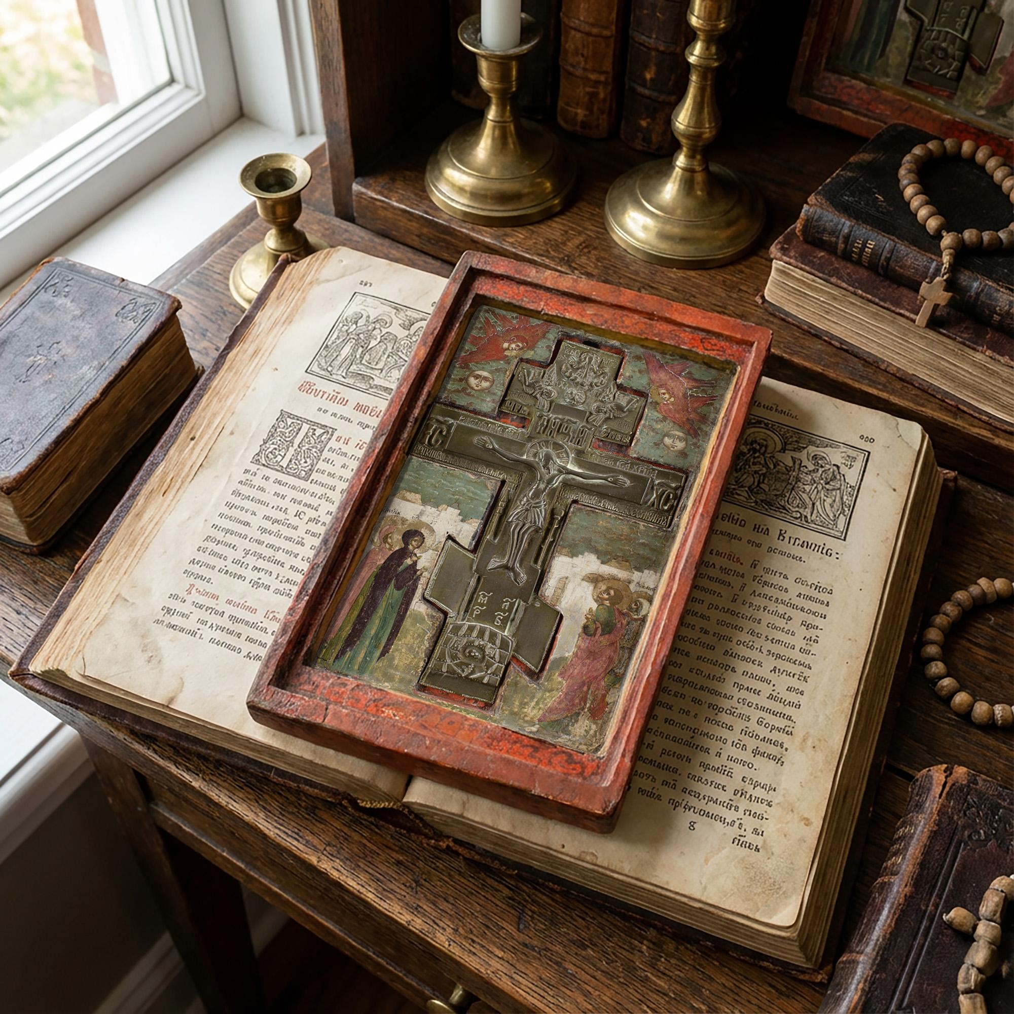 Frühe russische Ikone des 18. Jahrhunderts, Wolgameister (Kreis), The Crucifixion – Painting von Unknown