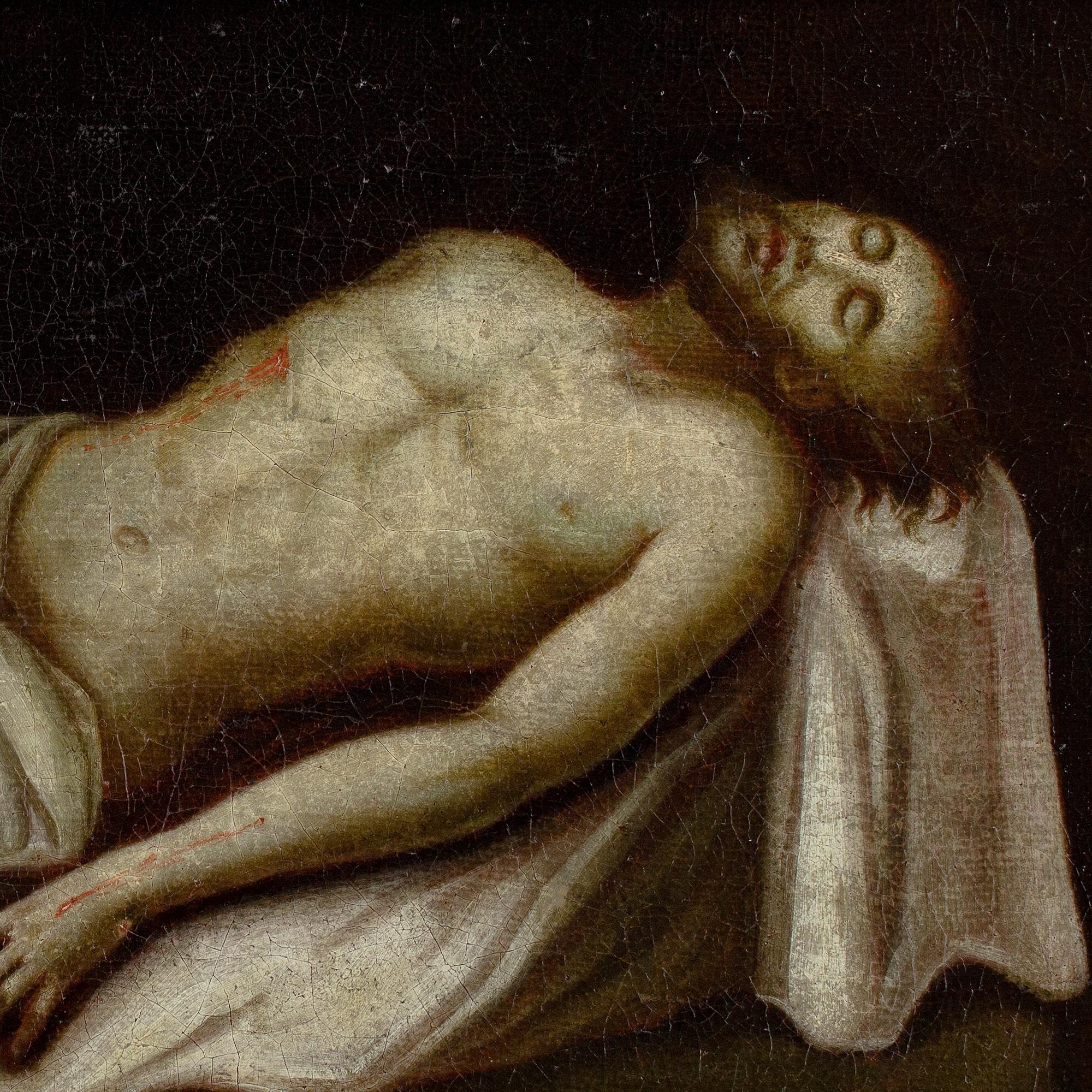 This evocative early 18th-century oil painting depicts Christ in the tomb partially wrapped in a white linen shroud. It’s probably of Spanish origin.

Images of Christ’s listless corpse laid out on cut rock have taken numerous forms over the years