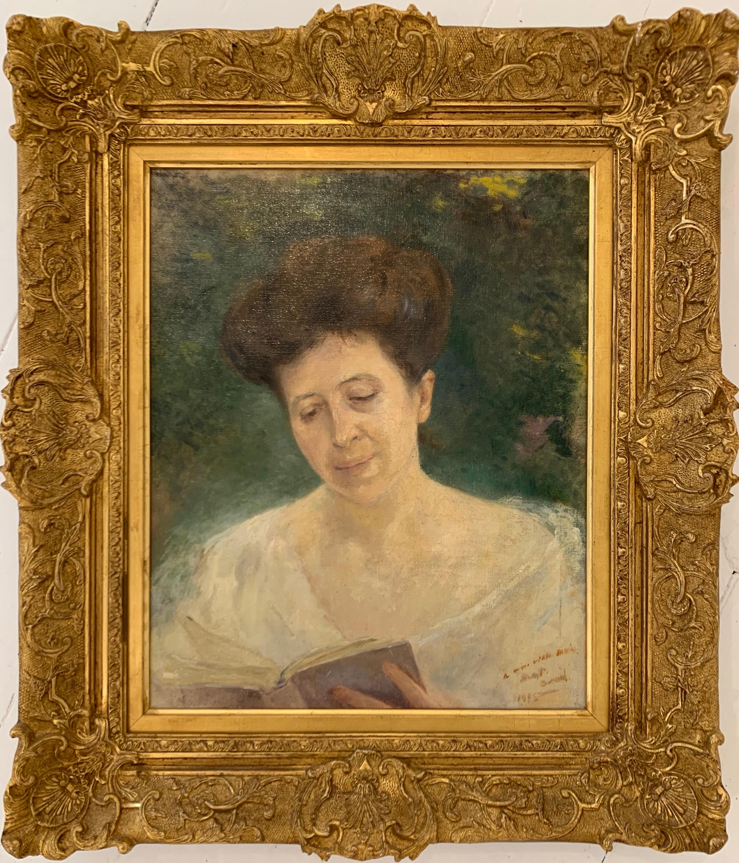Portrait impressionniste français du début des années 1900 d'une femme dans un magnifique cadre doré