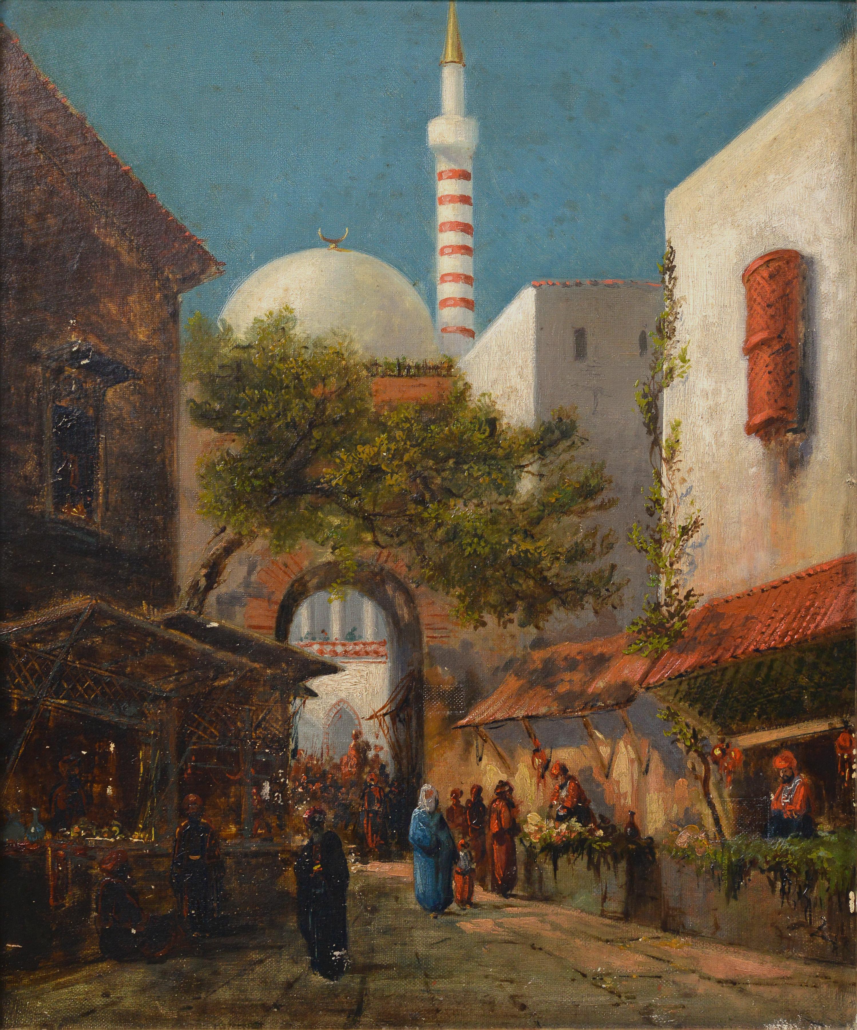 Early 1900s French Orientalist Oil Painting North African Bazaar Scene Framed - Brown Landscape Painting by Unknown