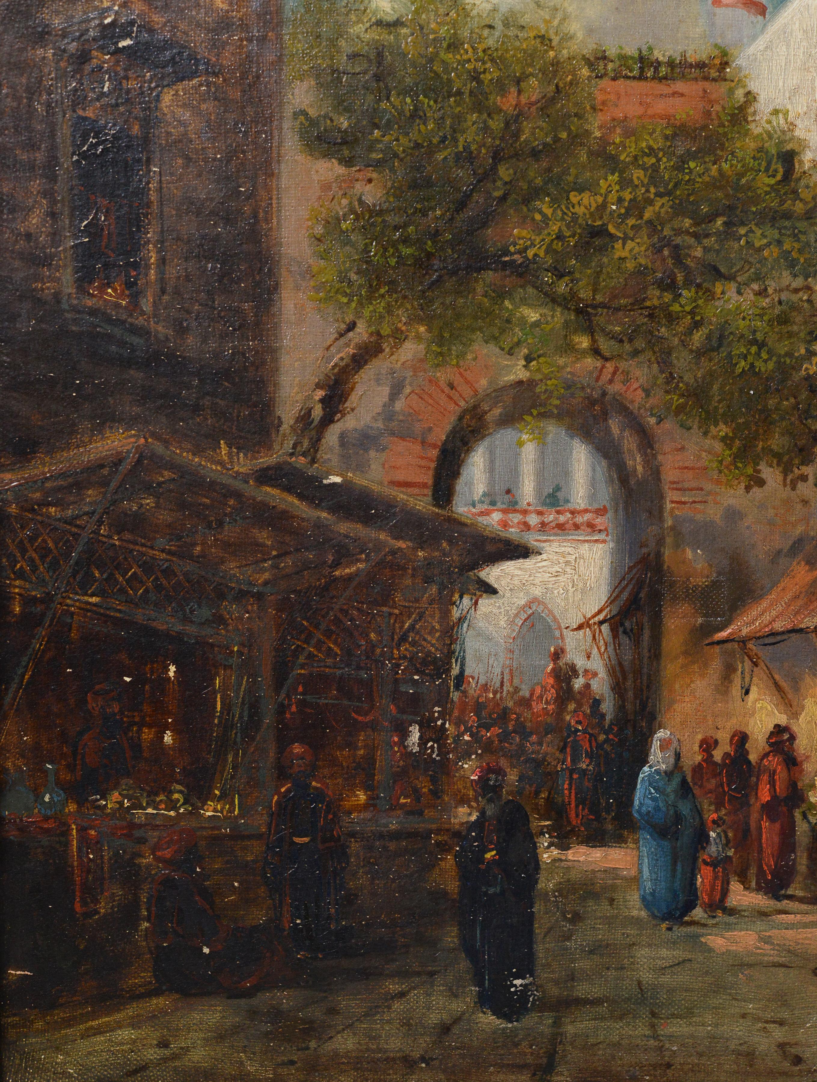 Early 1900s French Orientalist Oil Painting North African Bazaar Scene Framed For Sale 4