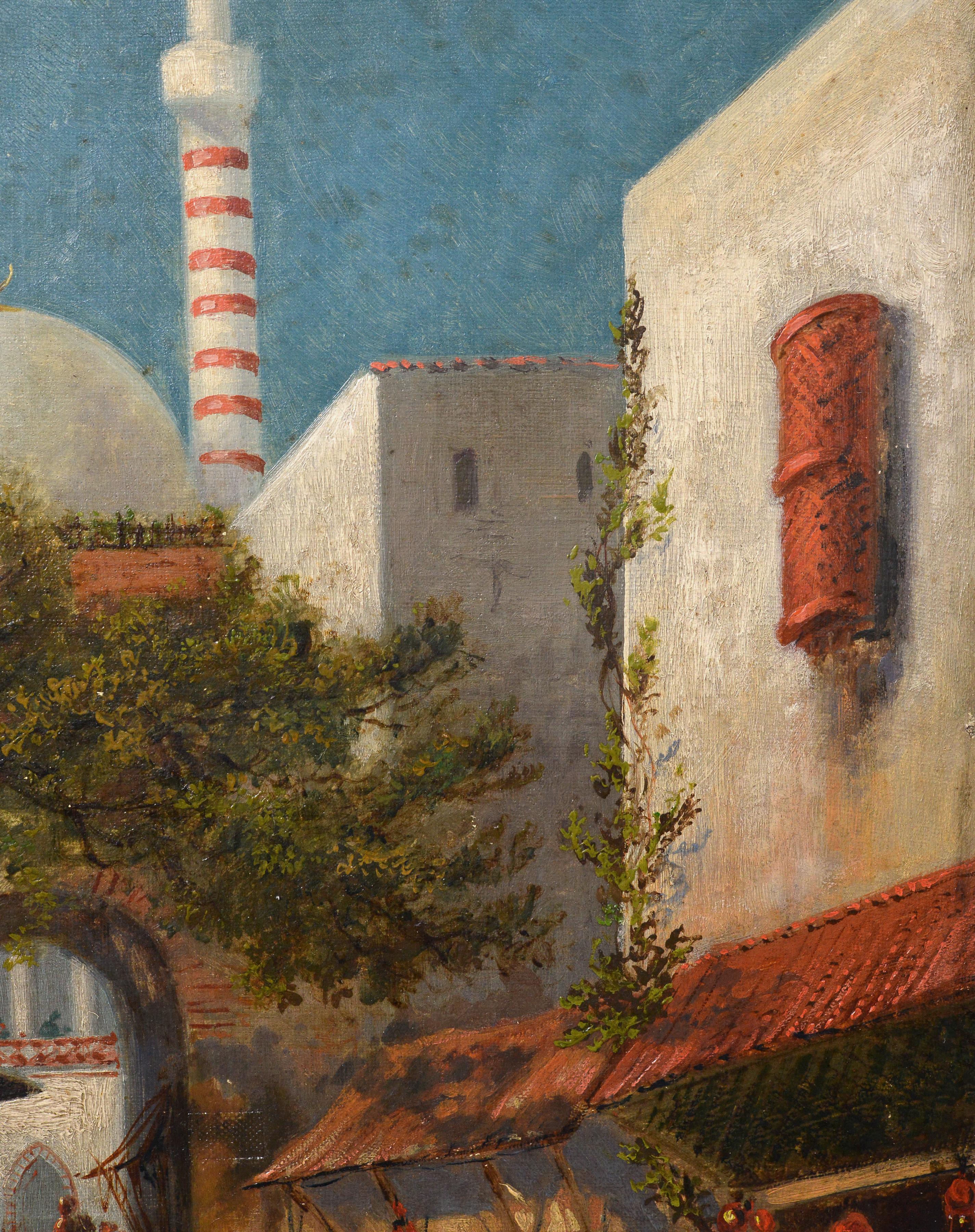 Early 1900s French Orientalist Oil Painting North African Bazaar Scene Framed For Sale 1
