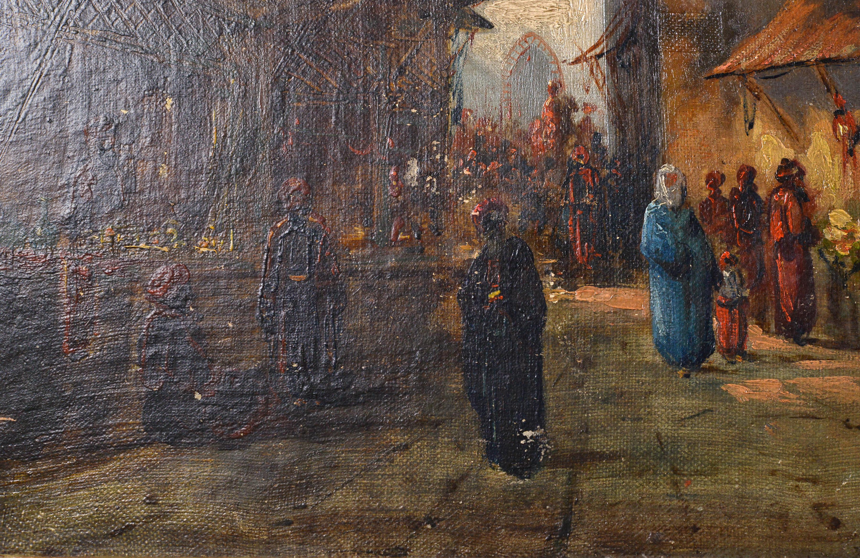 Early 1900s French Orientalist Oil Painting North African Bazaar Scene Framed For Sale 3