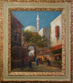 Pintura al óleo orientalista francesa de principios de 1900 Escena de bazar norteafricano Enmarcada Pintura al óleo orientalista francesa de principios de 1900 Escena de bazar norteafricano Enmarcada