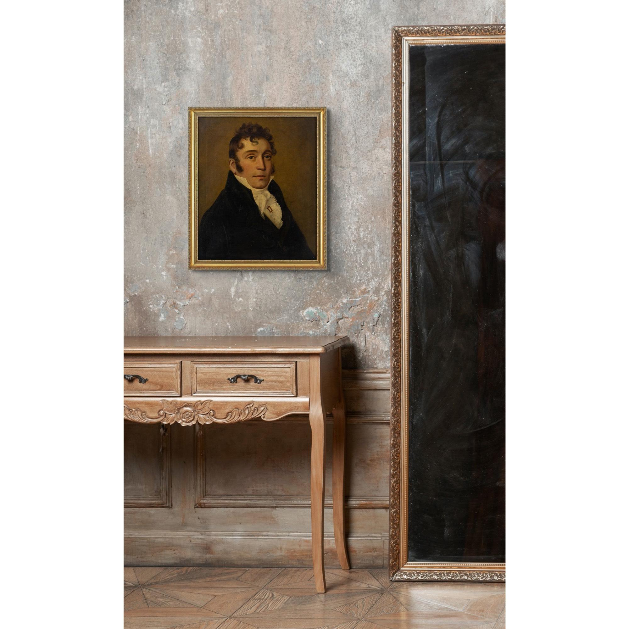 Cette peinture à l'huile britannique du début du XIXe siècle représente un robuste gentilhomme campagnard vêtu d'un manteau noir, d'une chemise blanche au col relevé et d'une cravate blanche.

Il est habillé selon la mode plutôt pimpante de la